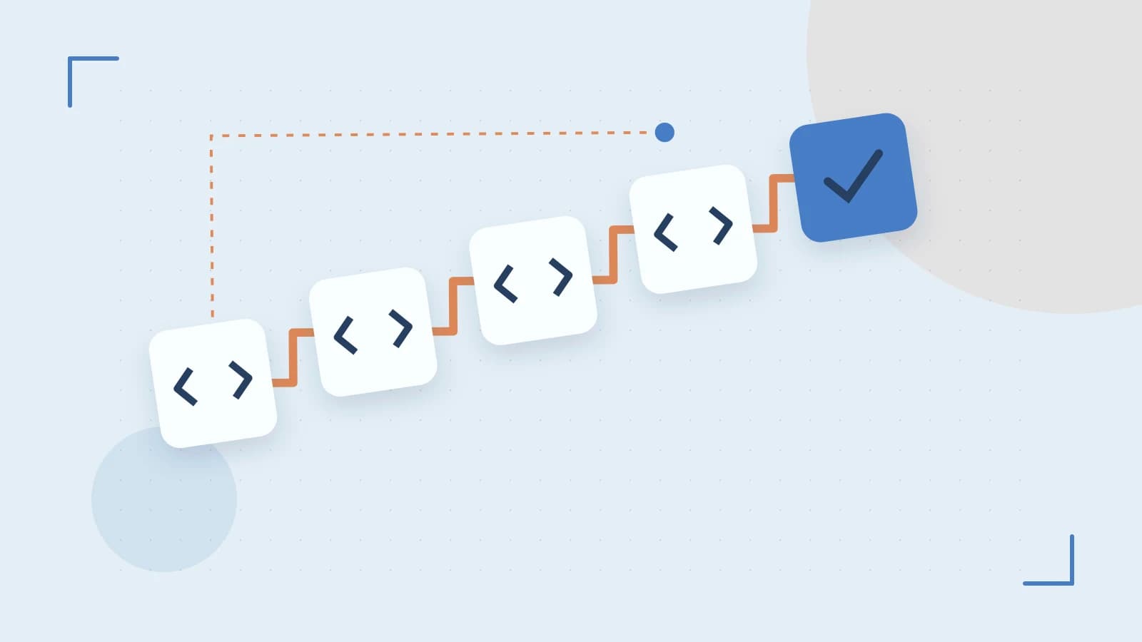 Editorial illustration of a branching build pipeline, staged transformations and a completed check