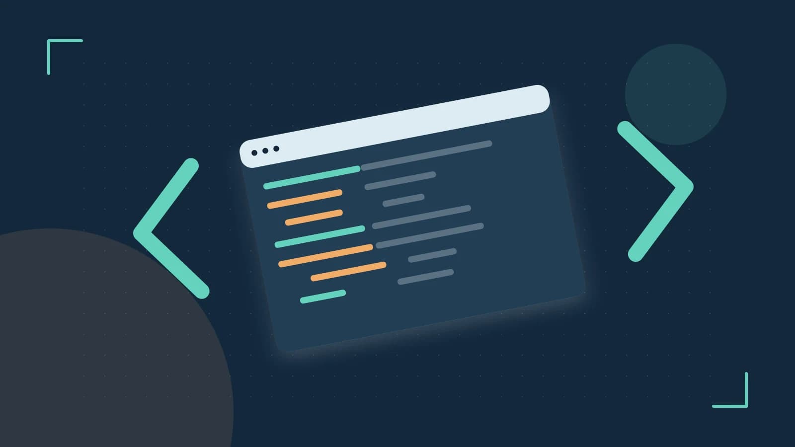 Editorial illustration of an abstract code editor, syntax blocks and oversized programming brackets