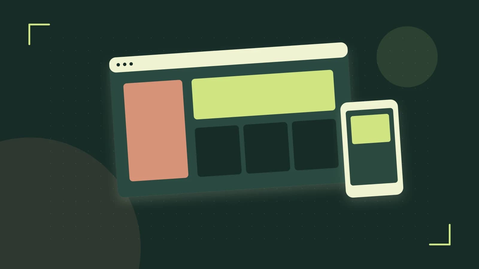 Editorial illustration of responsive browser layouts, overlapping design components and a color system