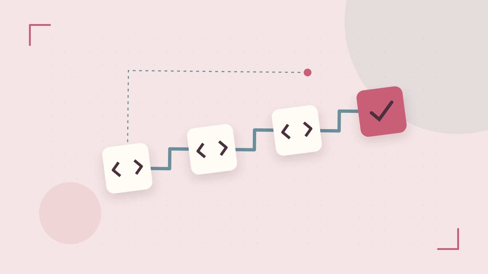 Editorial illustration of a branching build pipeline, staged transformations and a completed check