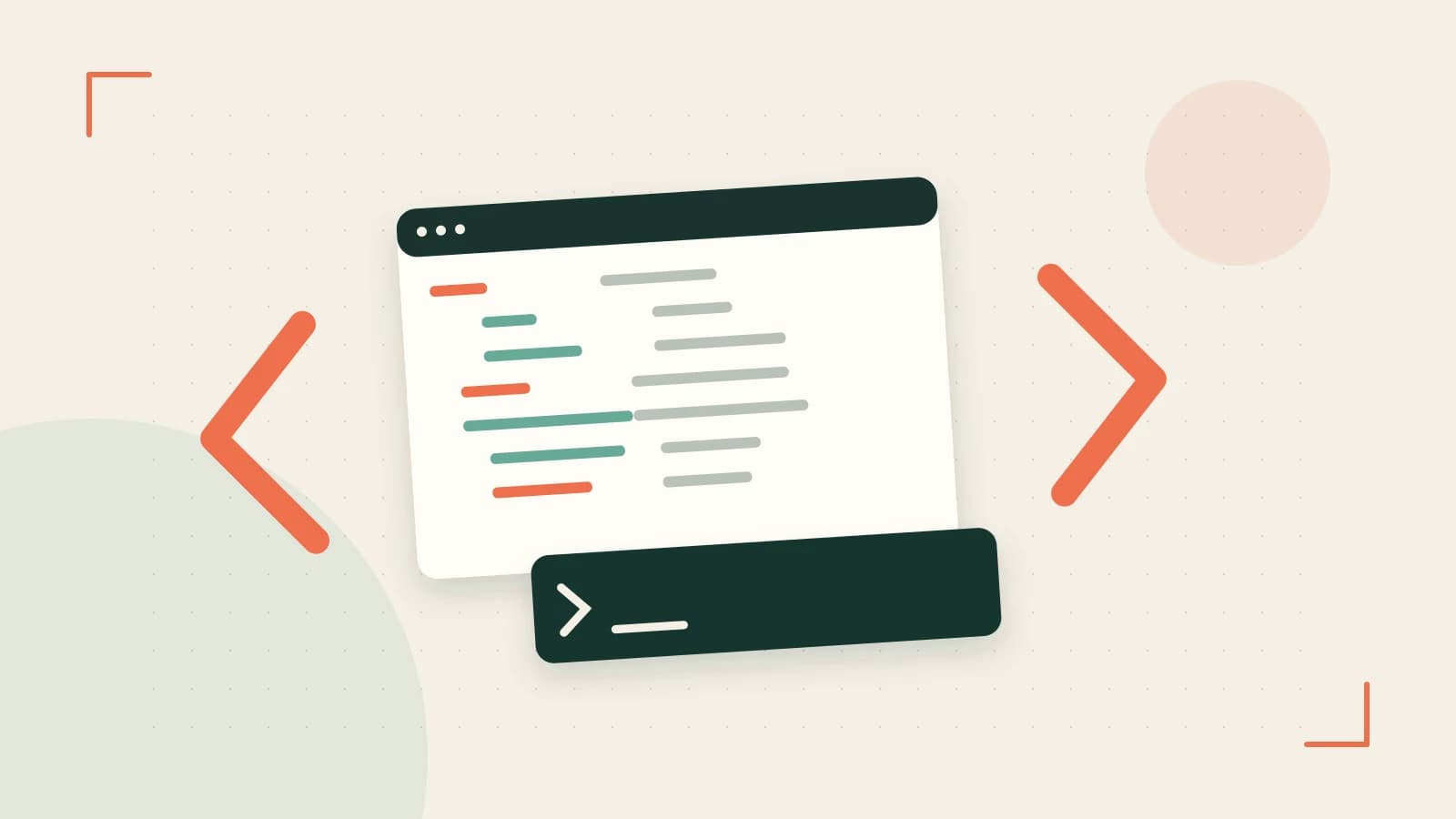 Editorial illustration of an abstract code editor, syntax blocks and oversized programming brackets