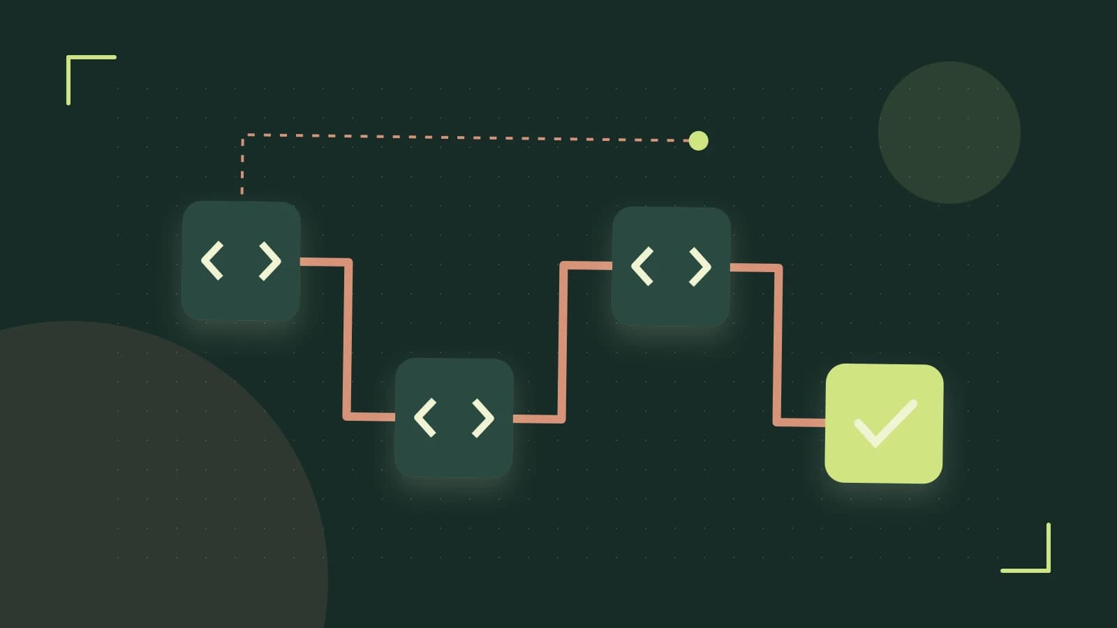 Editorial illustration of a branching build pipeline, staged transformations and a completed check