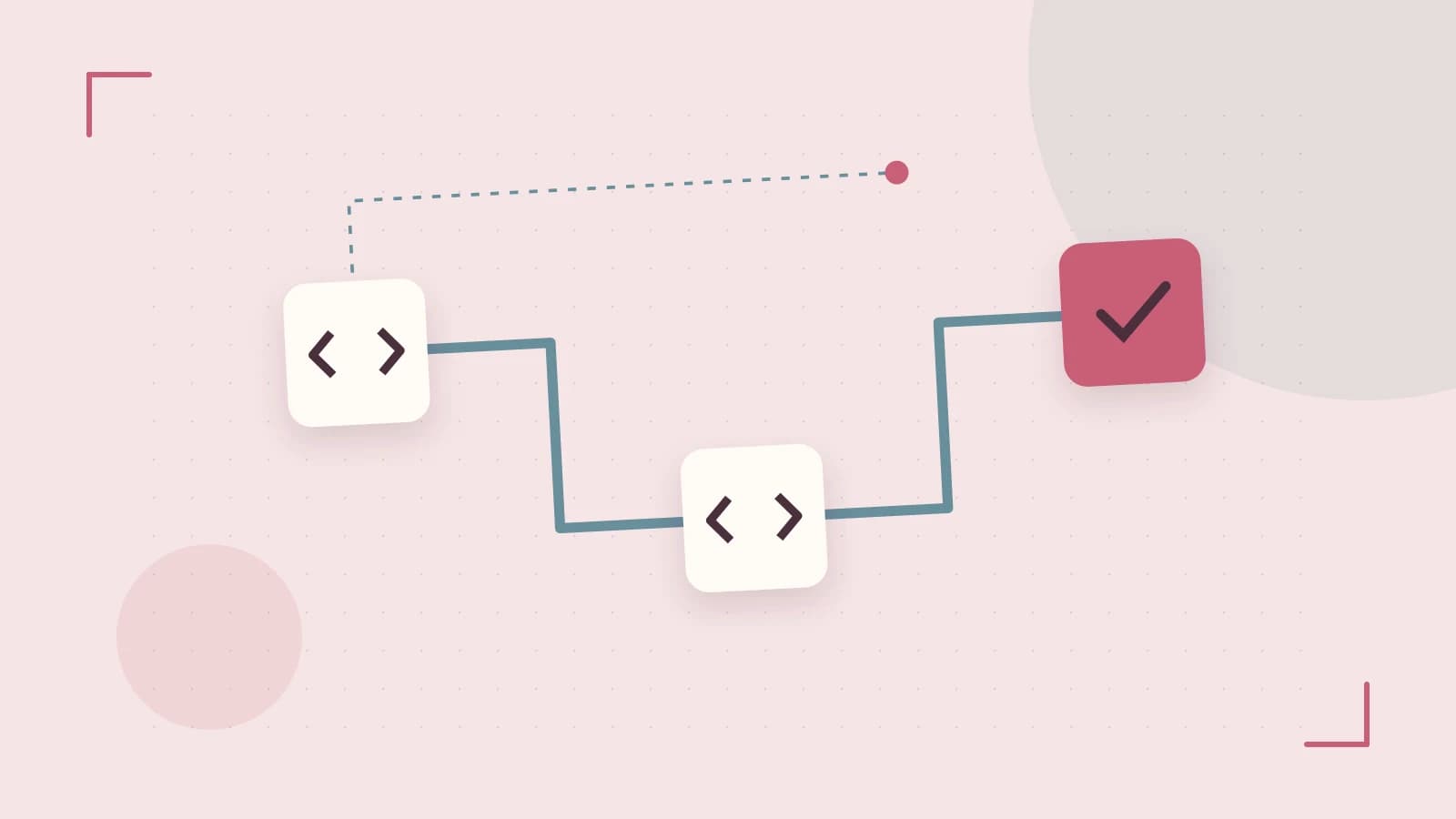 Editorial illustration of a branching build pipeline, staged transformations and a completed check