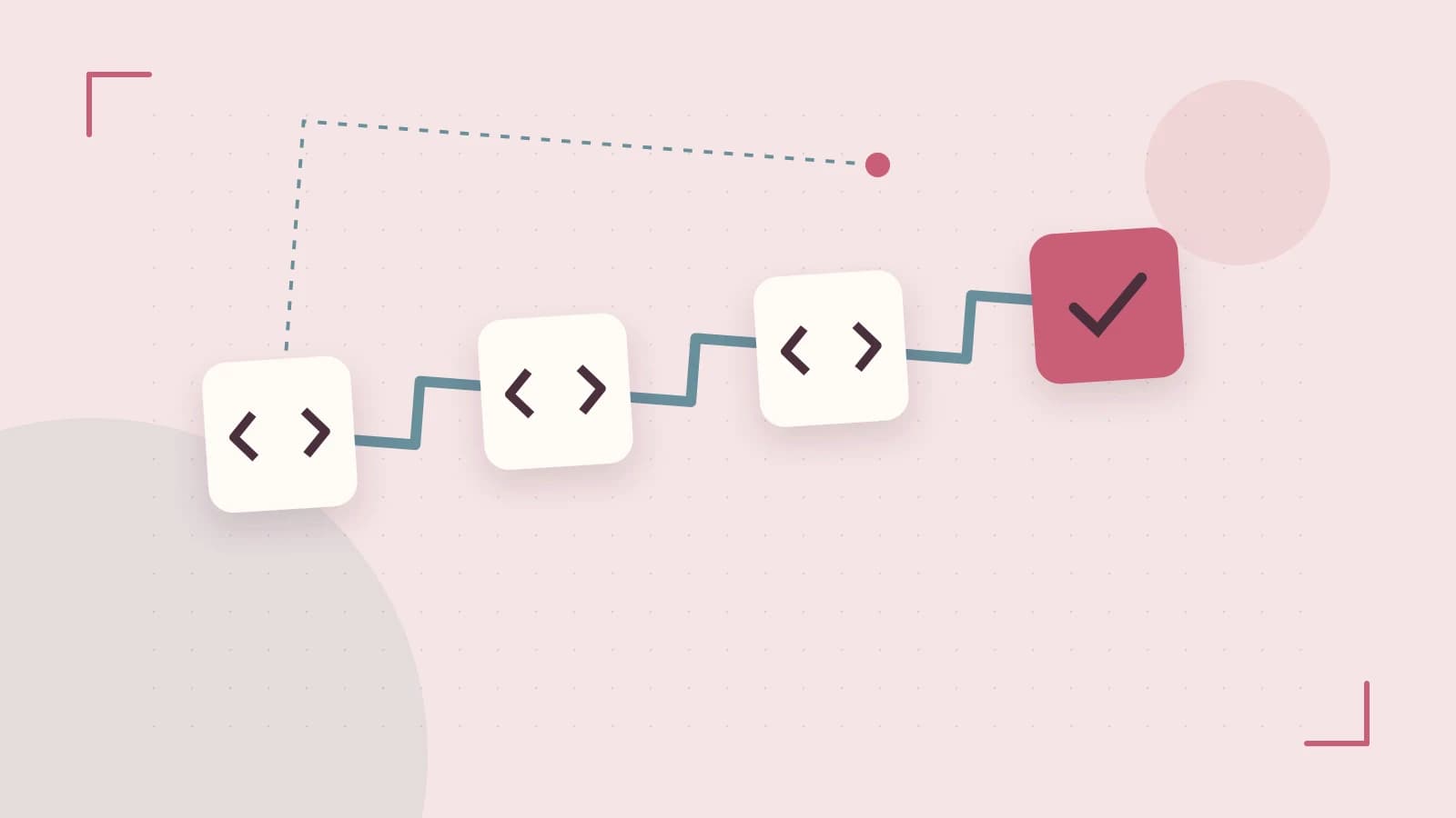 Editorial illustration of a branching build pipeline, staged transformations and a completed check