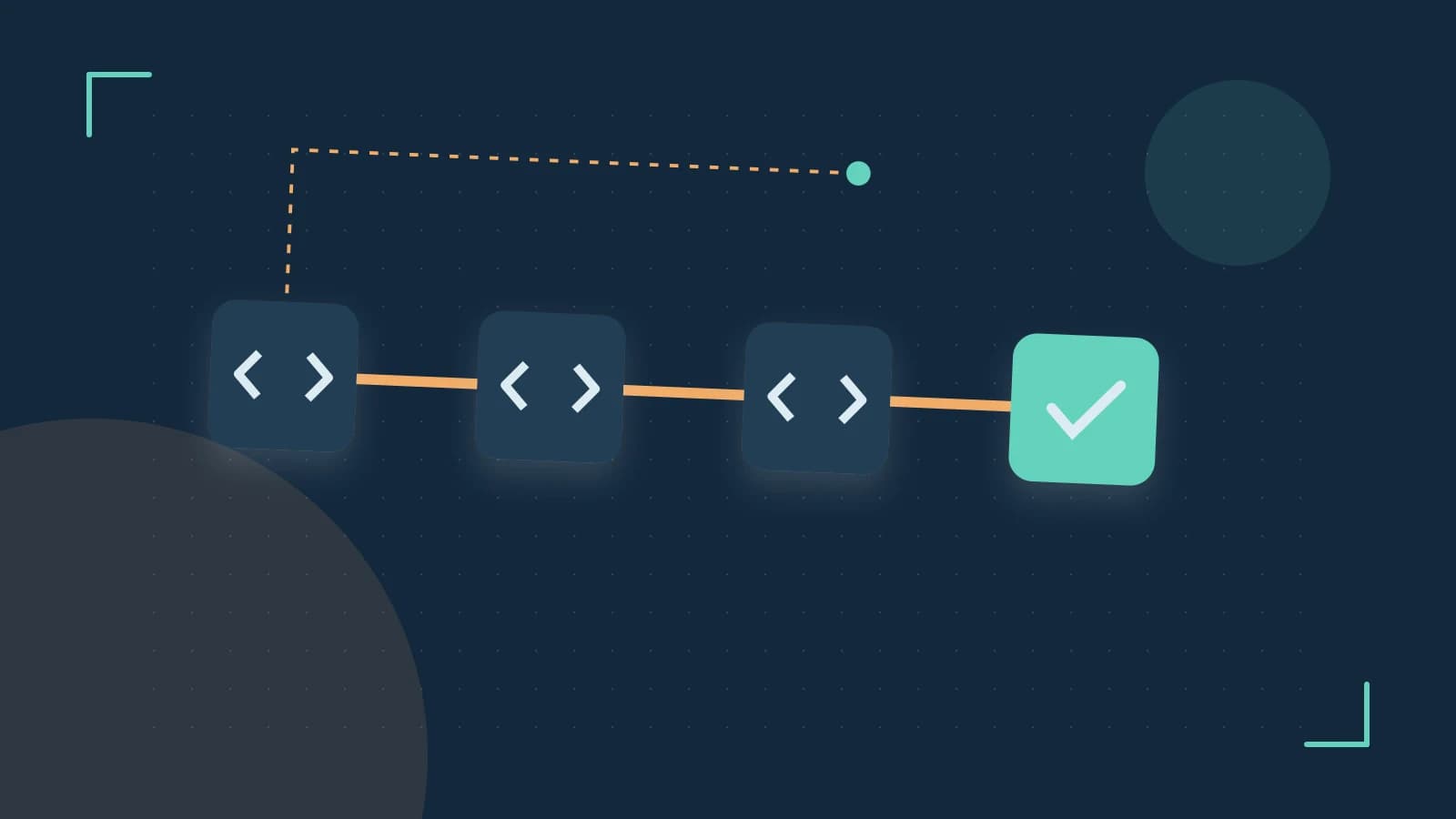 Editorial illustration of a branching build pipeline, staged transformations and a completed check