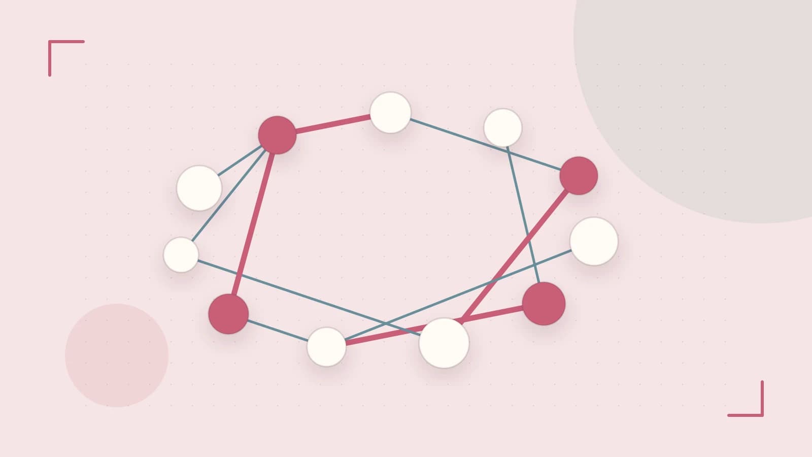 Editorial illustration of an algorithmic node graph with branching paths and a highlighted result