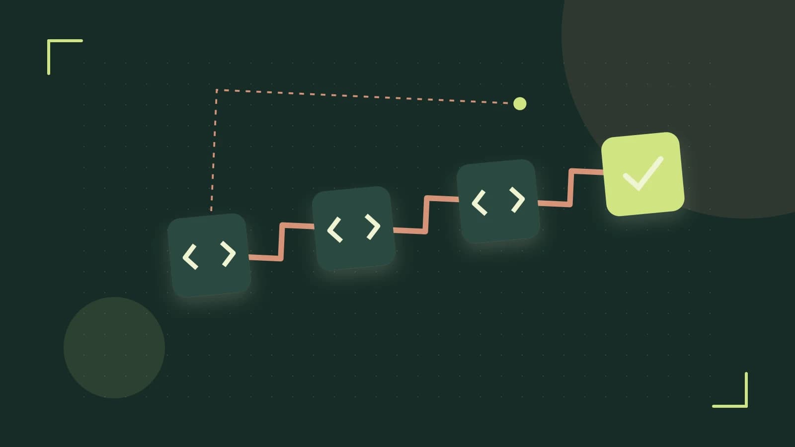 Editorial illustration of a branching build pipeline, staged transformations and a completed check