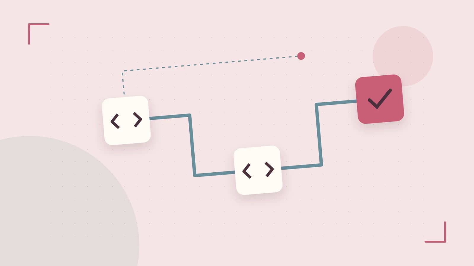 Editorial illustration of a branching build pipeline, staged transformations and a completed check