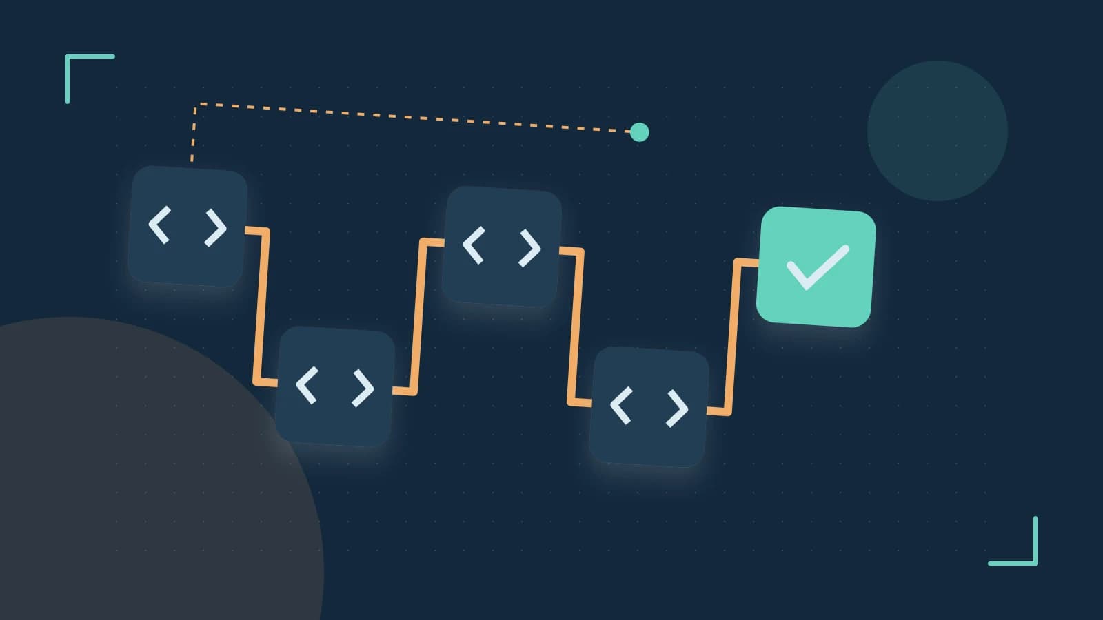 Editorial illustration of a branching build pipeline, staged transformations and a completed check