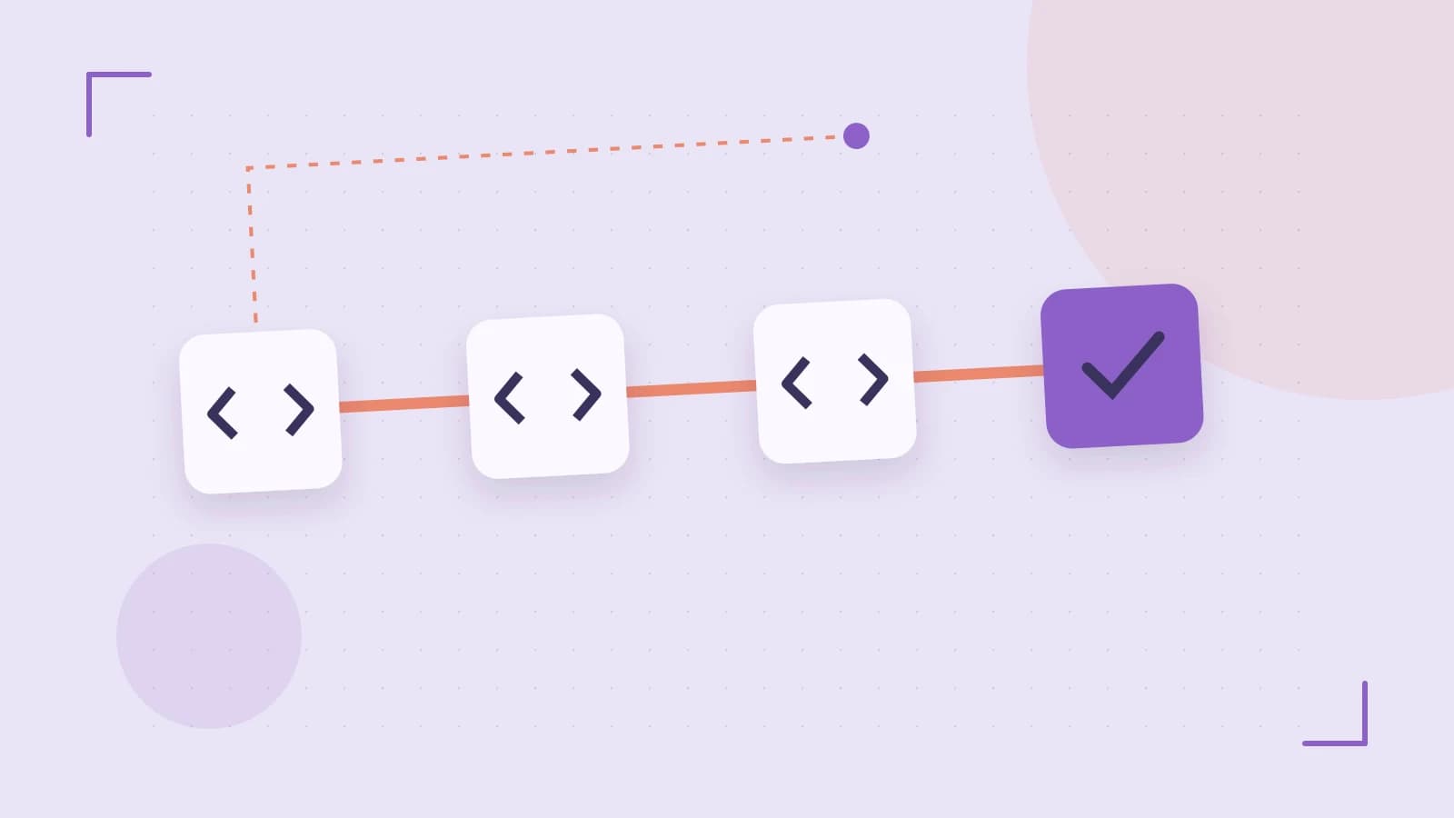 Editorial illustration of a branching build pipeline, staged transformations and a completed check