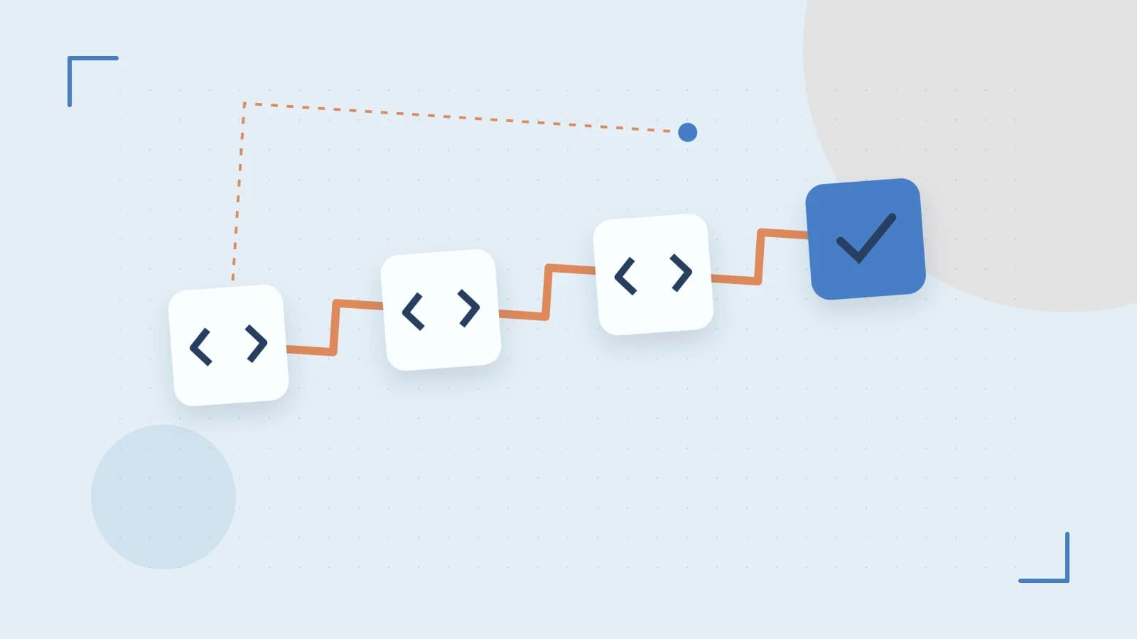 Editorial illustration of a branching build pipeline, staged transformations and a completed check