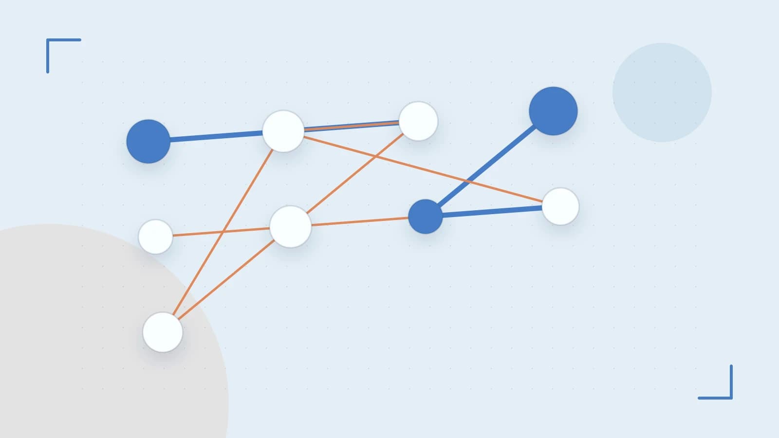 Editorial illustration of an algorithmic node graph with branching paths and a highlighted result