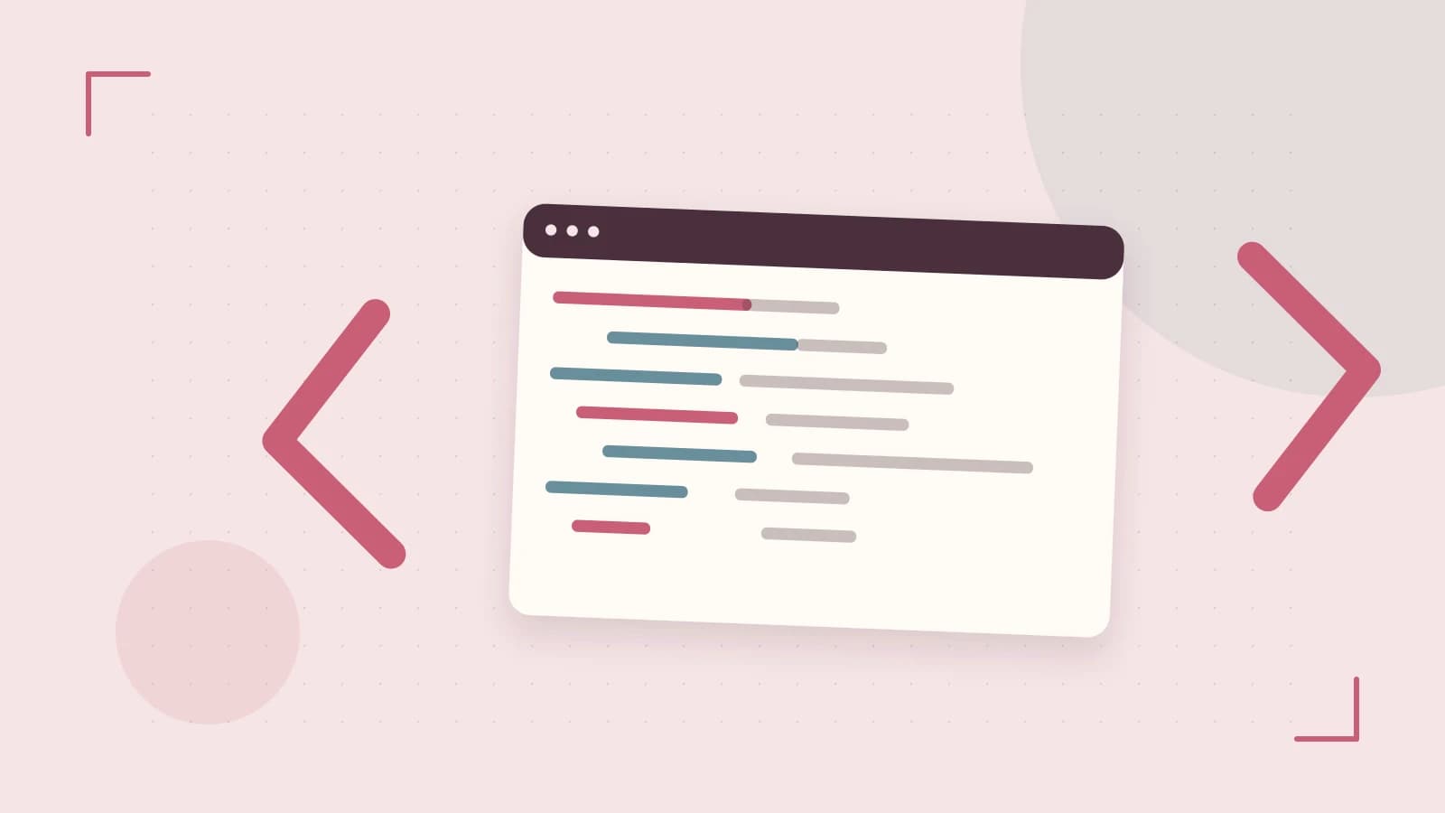 Editorial illustration of an abstract code editor, syntax blocks and oversized programming brackets