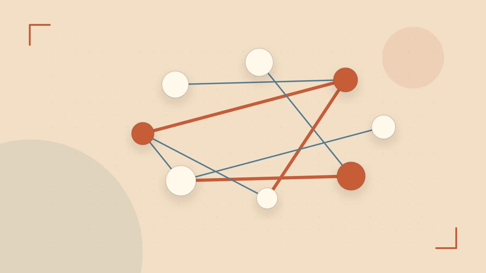 Editorial illustration of an algorithmic node graph with branching paths and a highlighted result