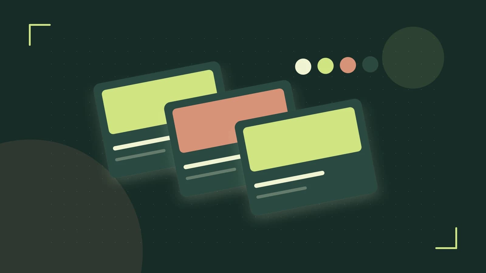 Editorial illustration of responsive browser layouts, overlapping design components and a color system