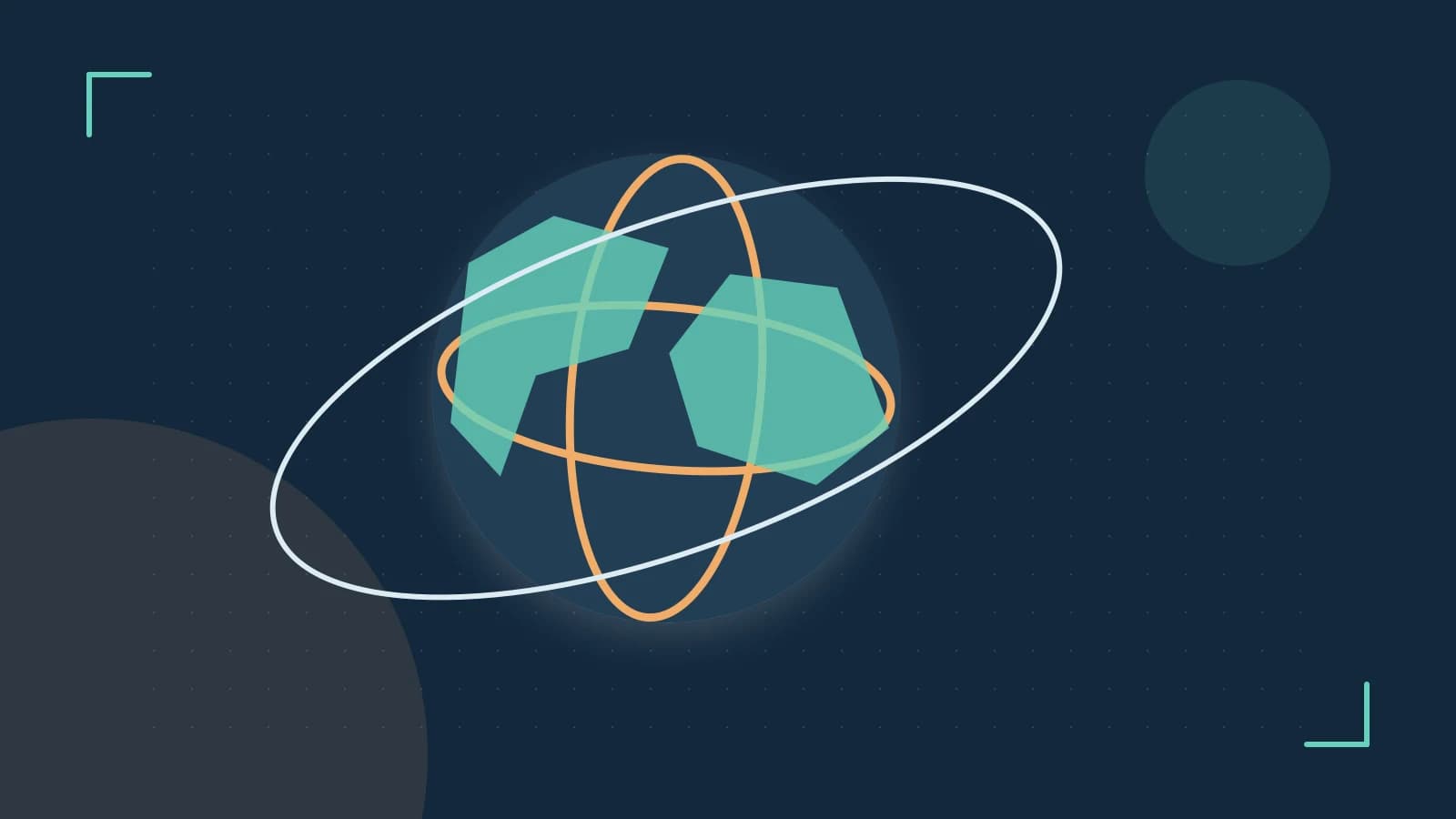 Editorial illustration of an editorial globe with meridians and layered geographic shapes