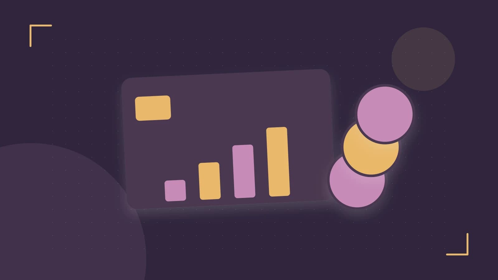 Editorial illustration of abstract coins, a payment card and a geometric financial chart without data labels