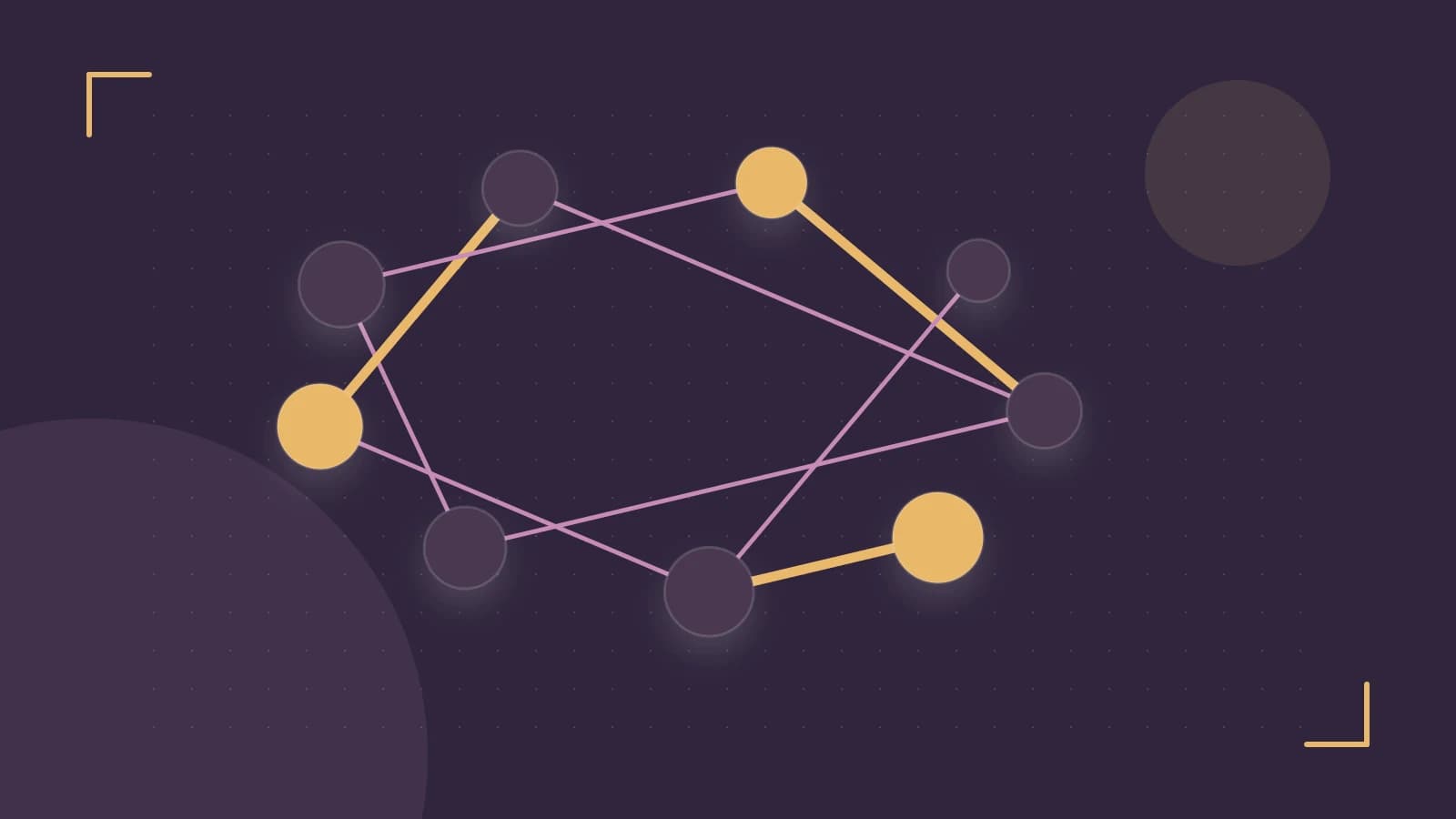 Editorial illustration of an algorithmic node graph with branching paths and a highlighted result