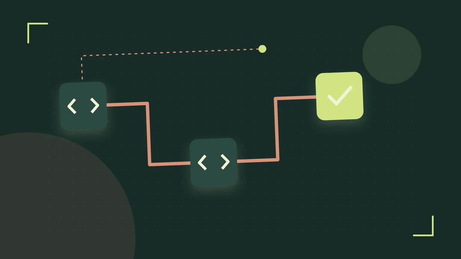Editorial illustration of a branching build pipeline, staged transformations and a completed check