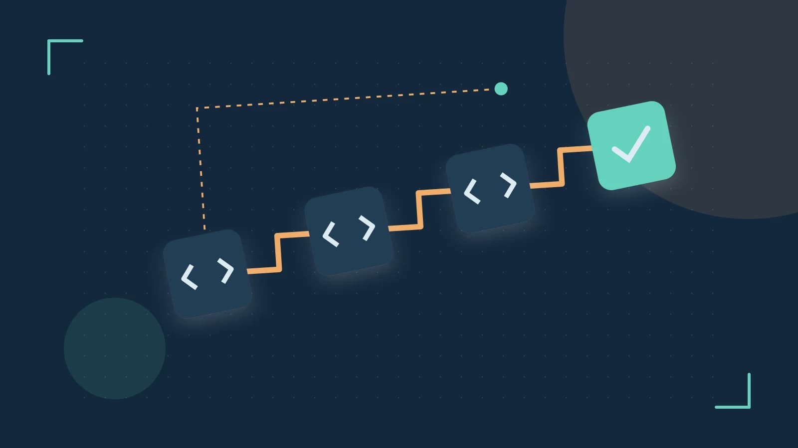 Editorial illustration of a branching build pipeline, staged transformations and a completed check