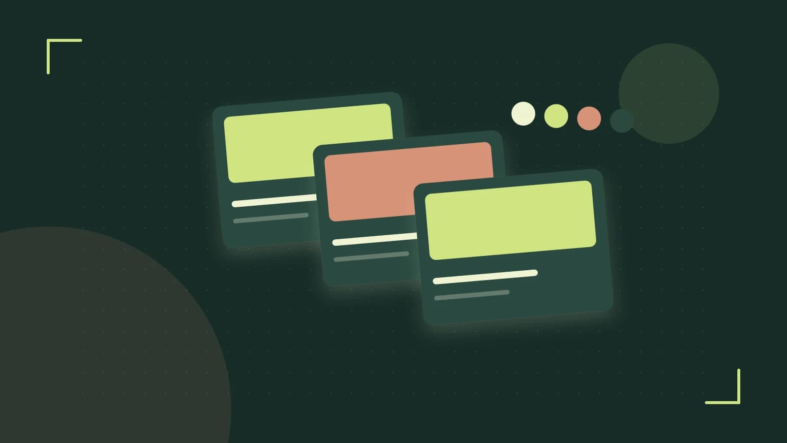 Editorial illustration of responsive browser layouts, overlapping design components and a color system