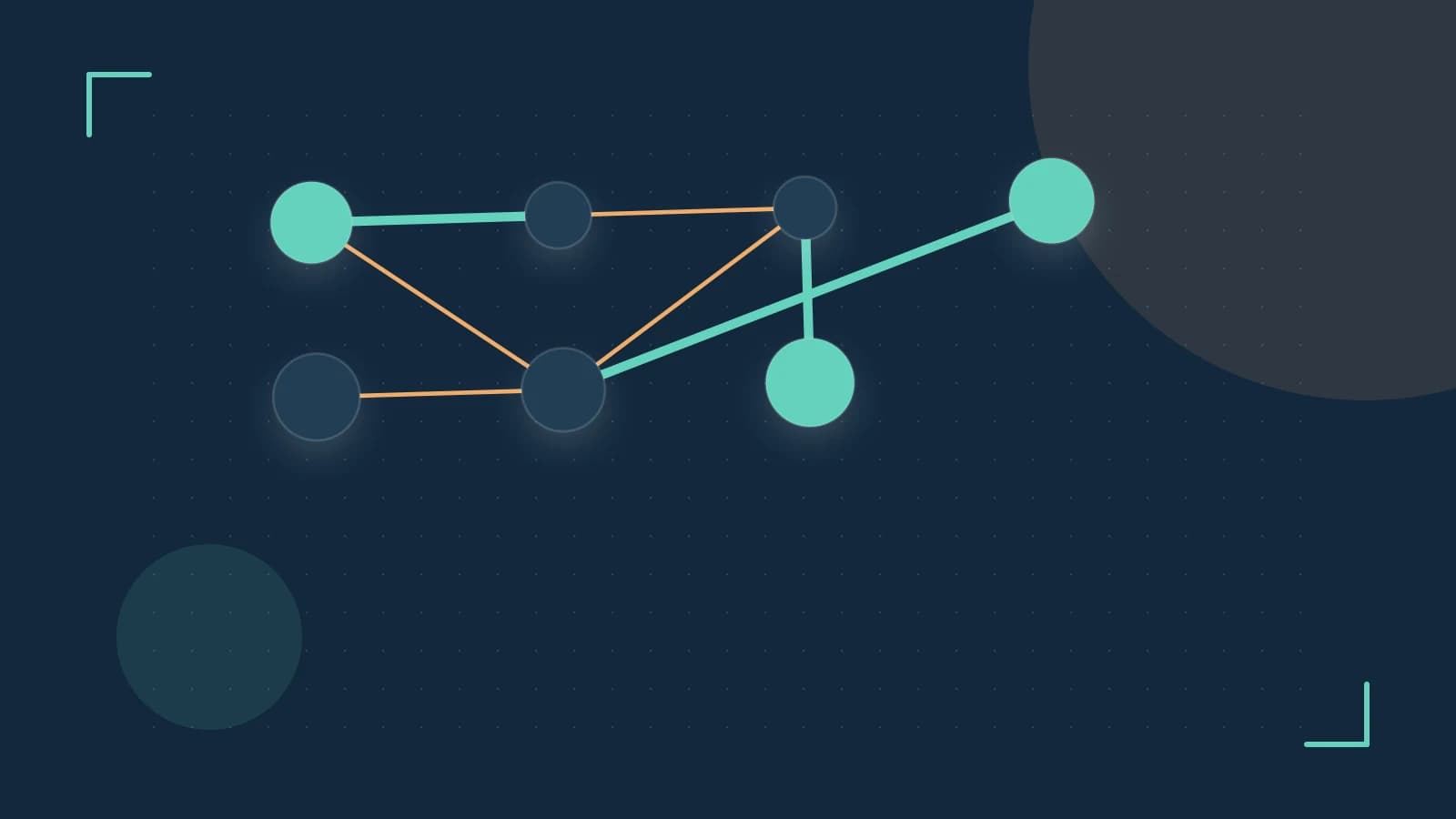 Editorial illustration of an algorithmic node graph with branching paths and a highlighted result
