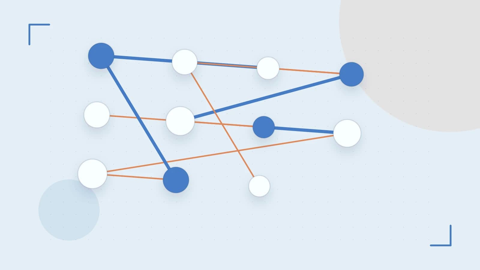 Editorial illustration of an algorithmic node graph with branching paths and a highlighted result