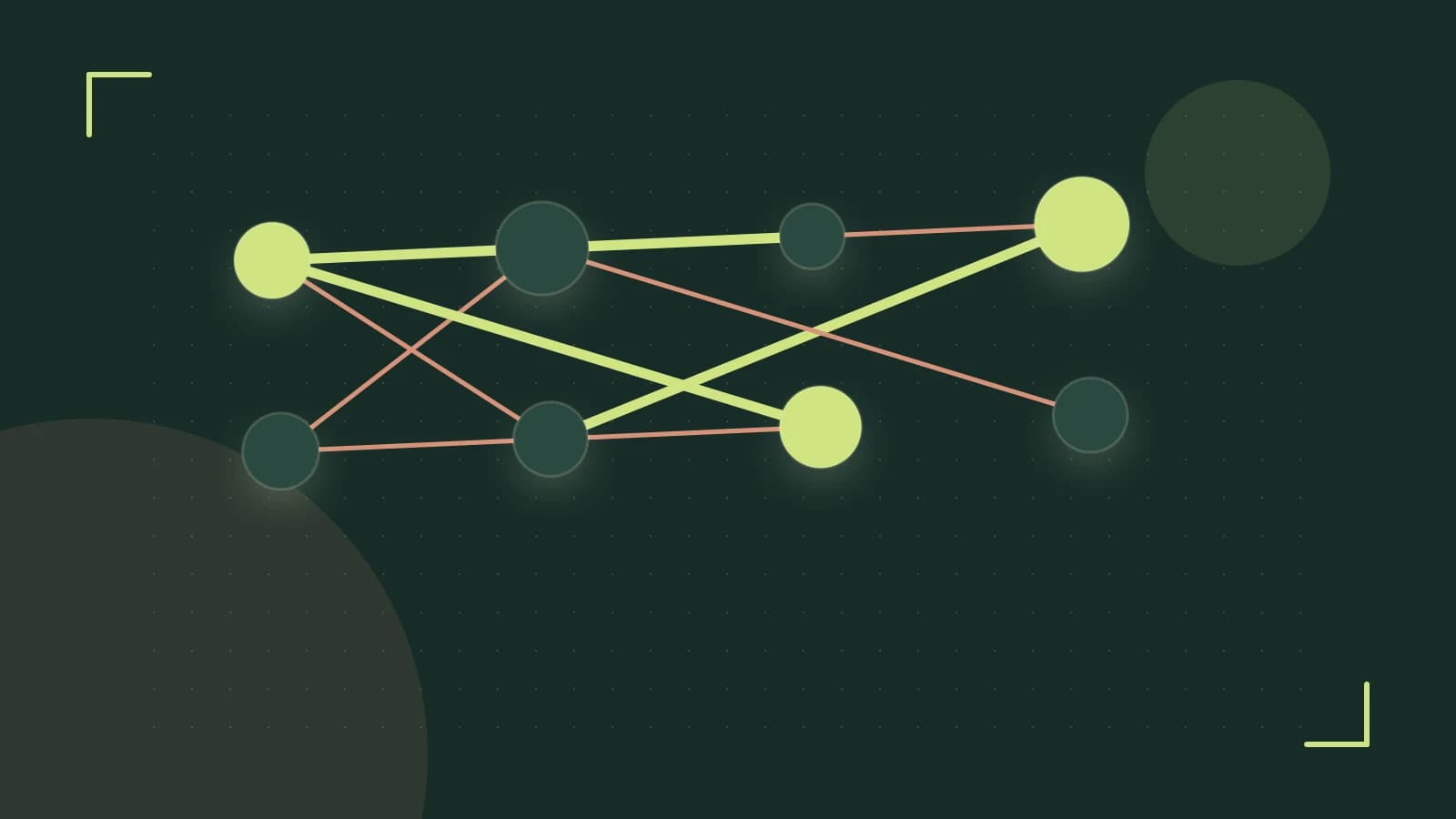 Editorial illustration of an algorithmic node graph with branching paths and a highlighted result