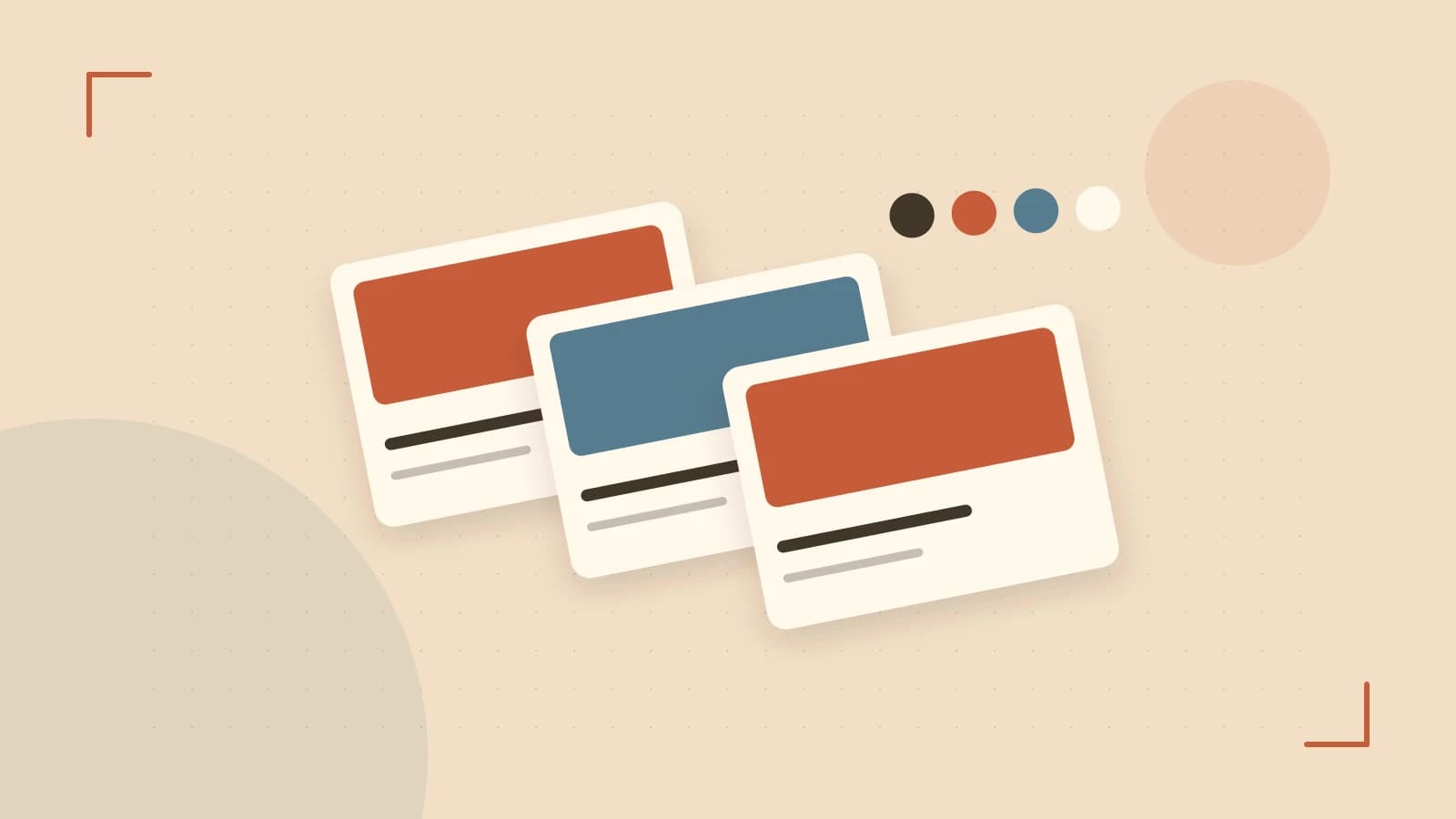 Editorial illustration of responsive browser layouts, overlapping design components and a color system