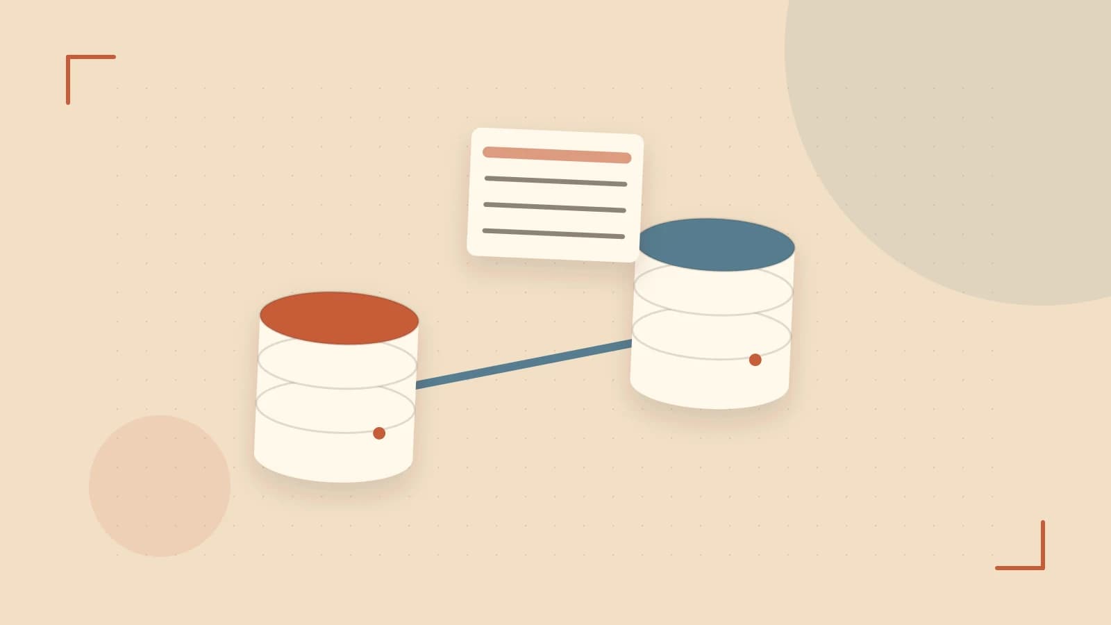 Editorial illustration of structured records, database cylinders and relationships between tables