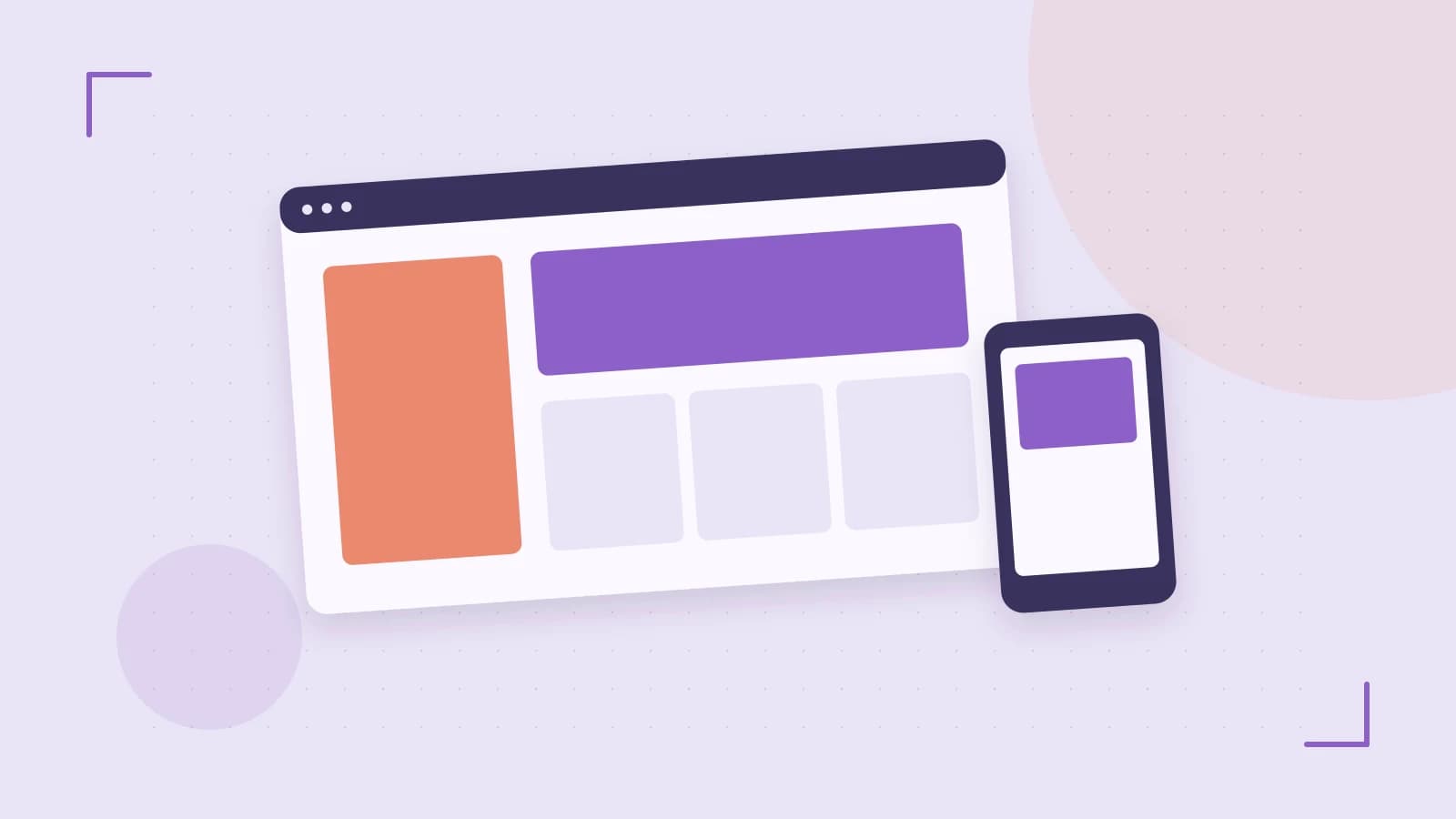 Editorial illustration of responsive browser layouts, overlapping design components and a color system