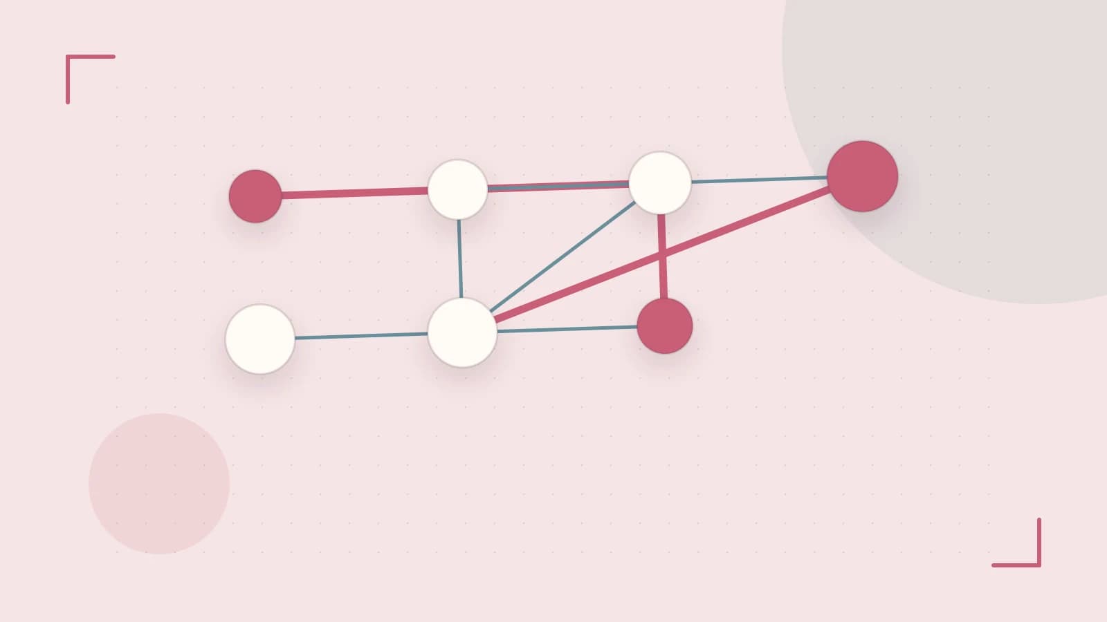 Editorial illustration of an algorithmic node graph with branching paths and a highlighted result