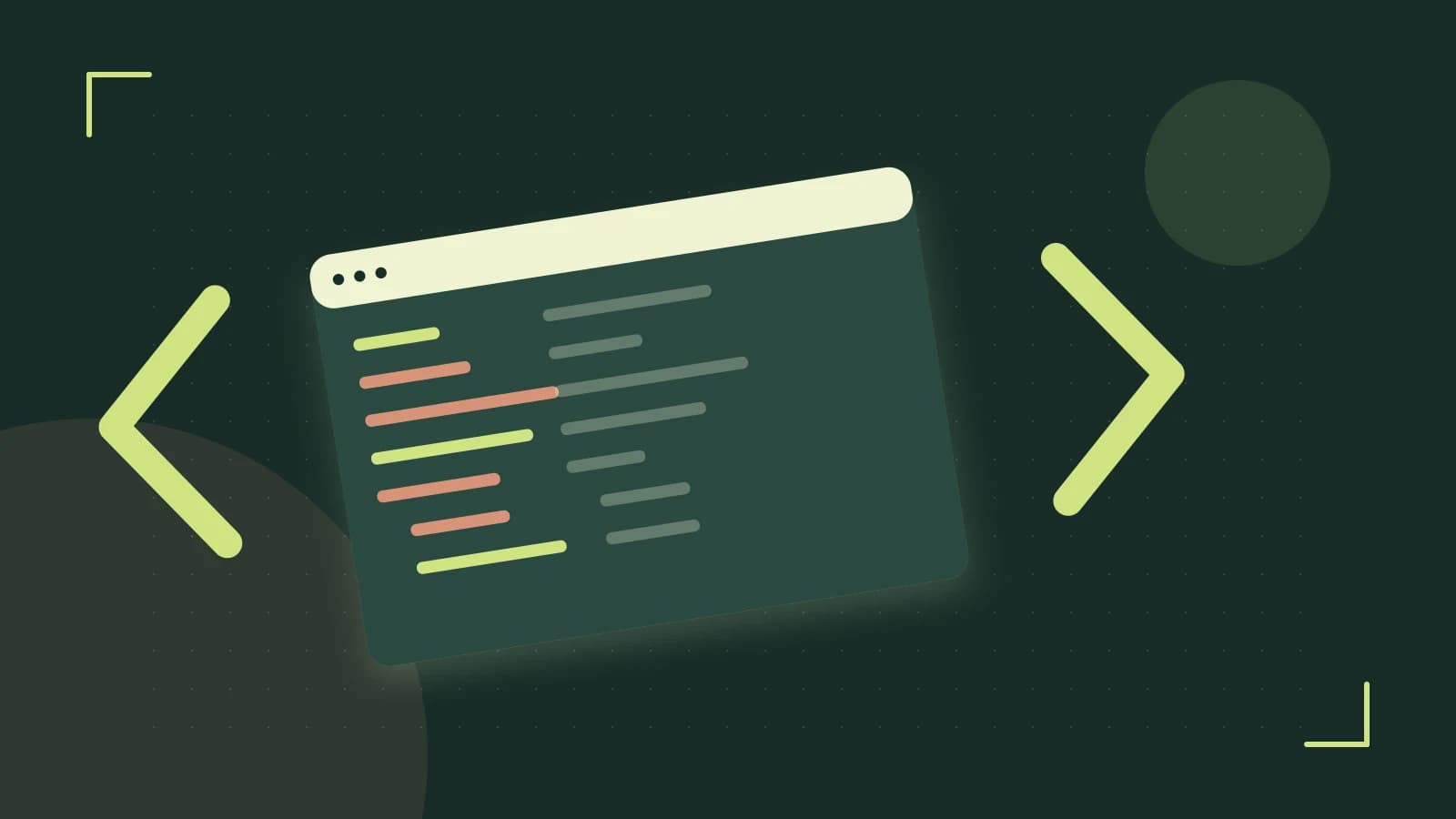 Editorial illustration of an abstract code editor, syntax blocks and oversized programming brackets