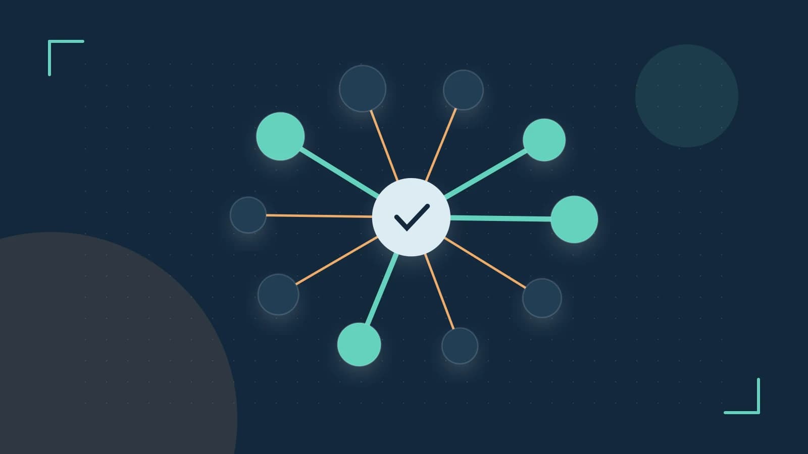 Editorial illustration of an algorithmic node graph with branching paths and a highlighted result