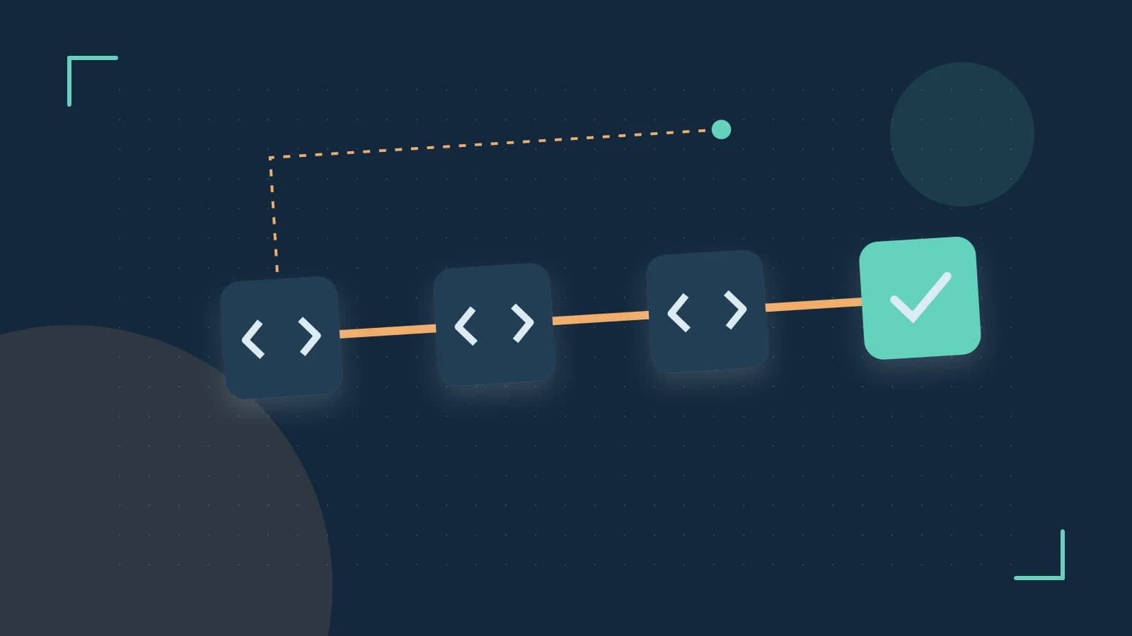Editorial illustration of a branching build pipeline, staged transformations and a completed check
