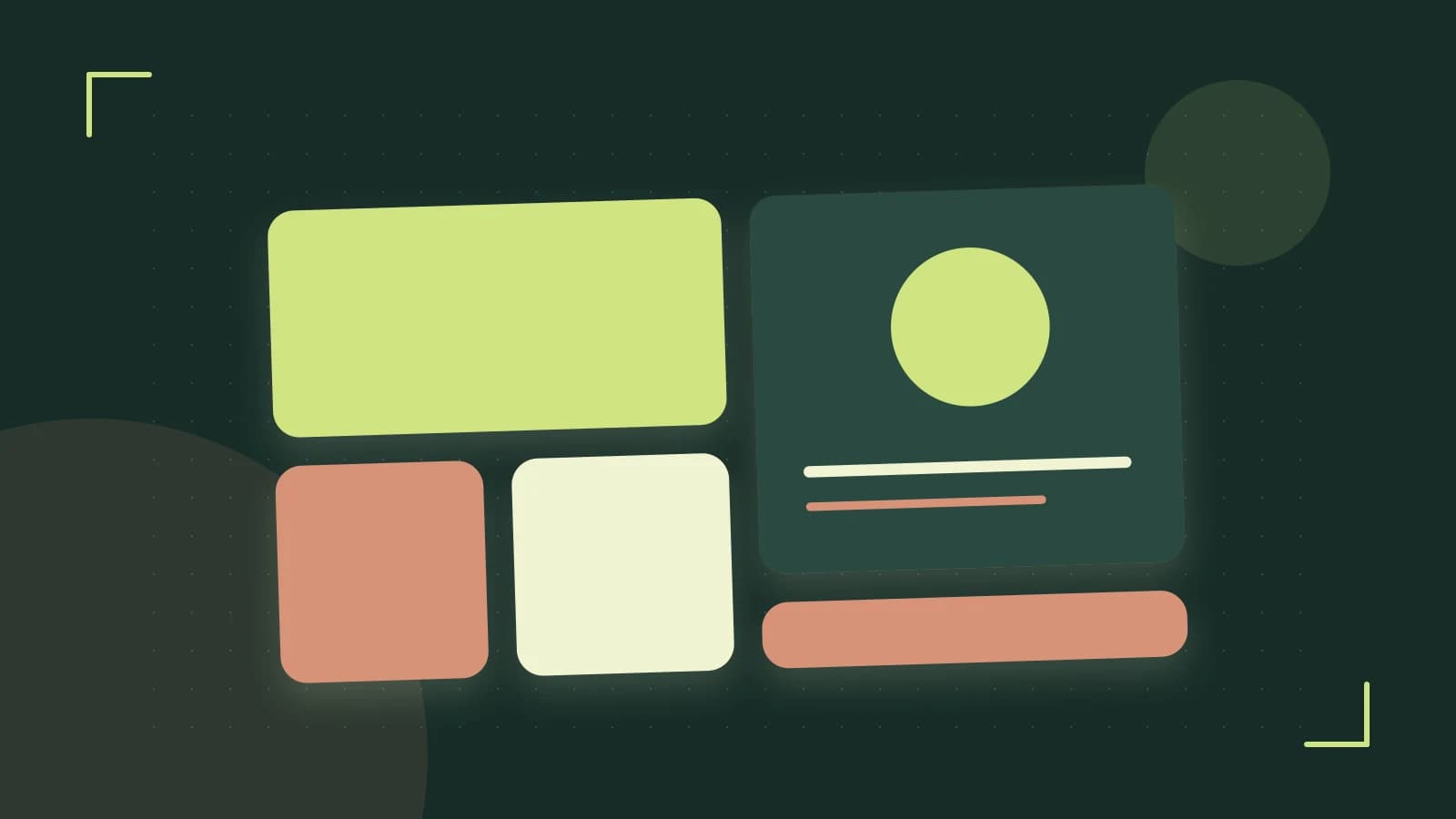 Editorial illustration of responsive browser layouts, overlapping design components and a color system