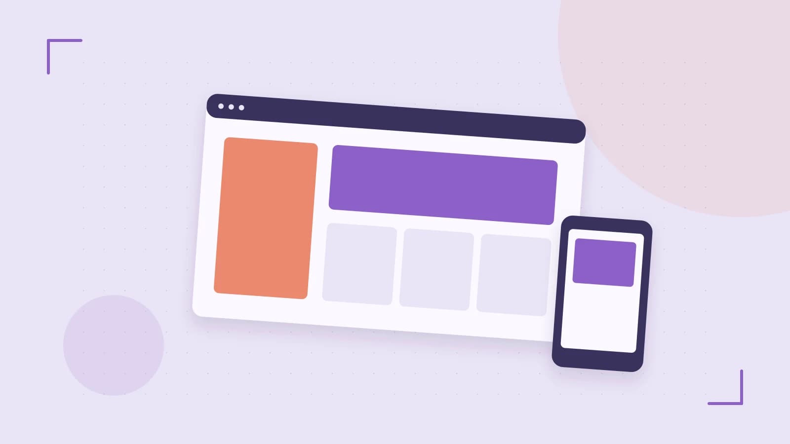 Editorial illustration of responsive browser layouts, overlapping design components and a color system