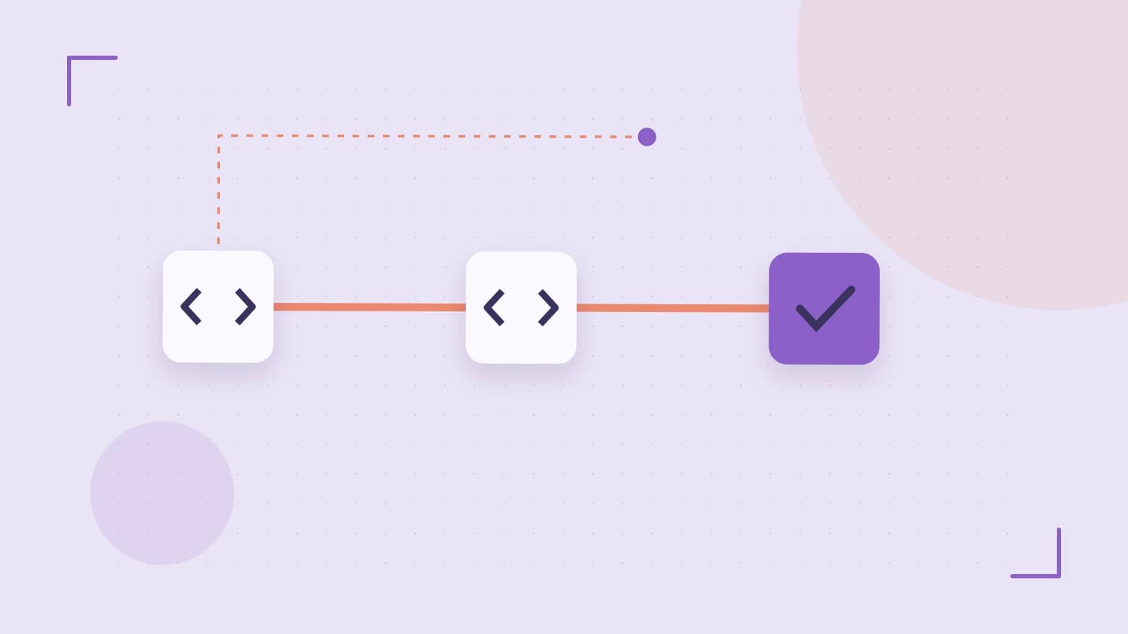 Editorial illustration of a branching build pipeline, staged transformations and a completed check
