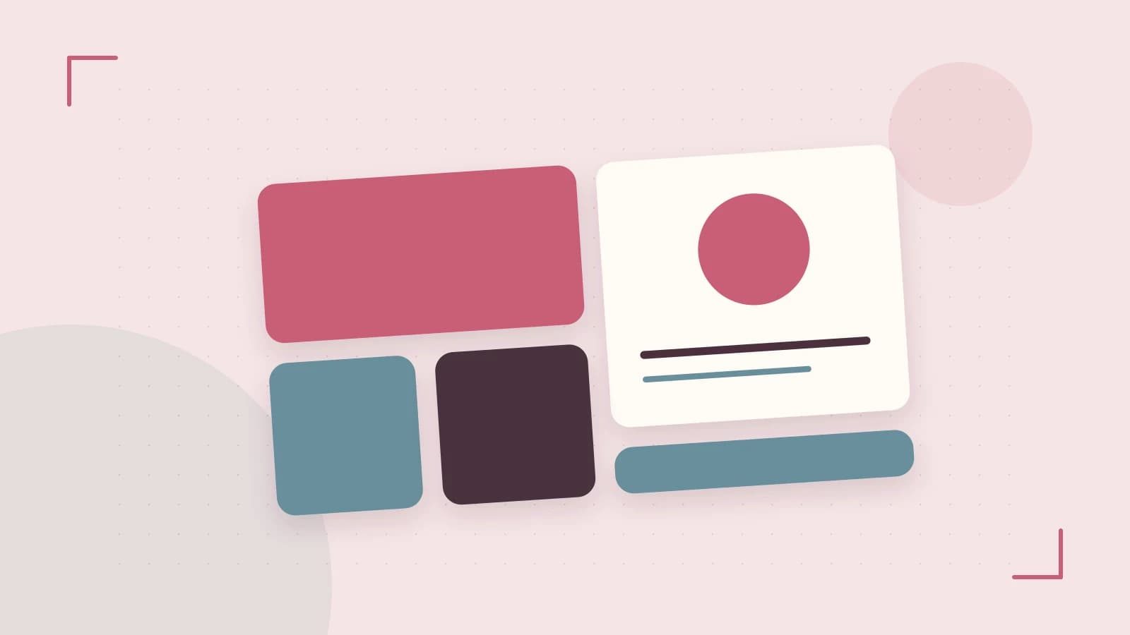 Editorial illustration of responsive browser layouts, overlapping design components and a color system
