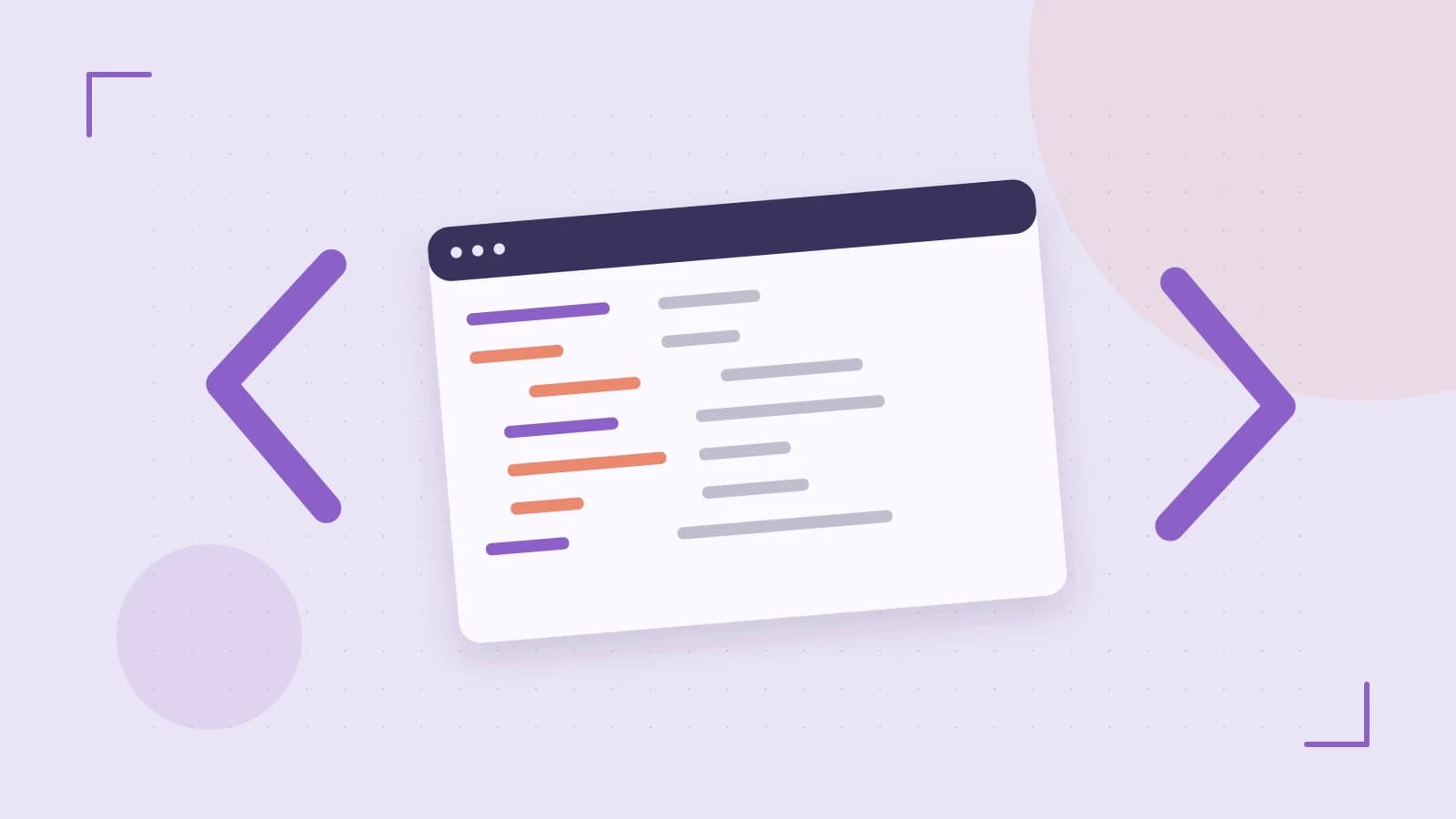 Editorial illustration of an abstract code editor, syntax blocks and oversized programming brackets