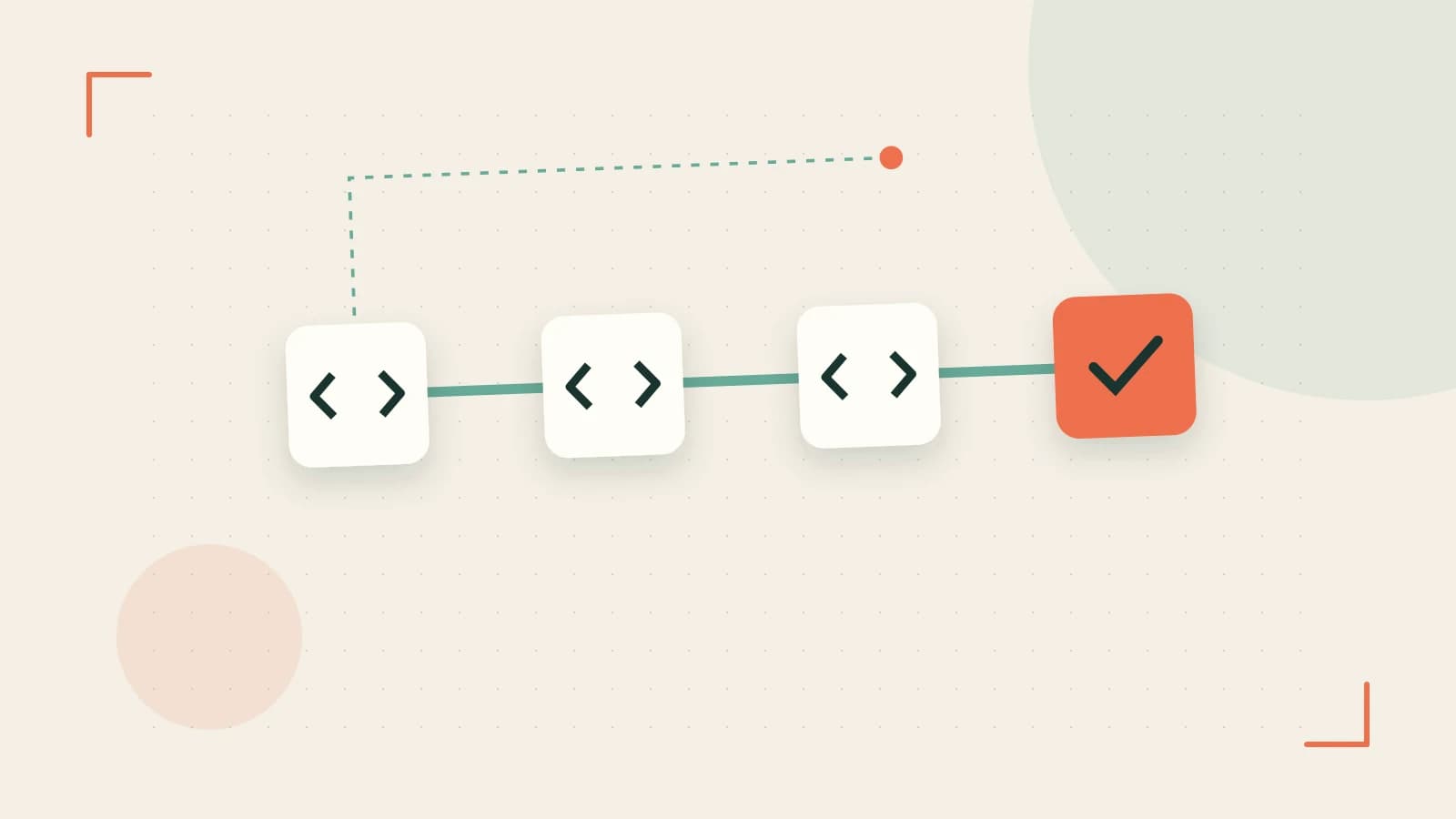 Editorial illustration of a branching build pipeline, staged transformations and a completed check