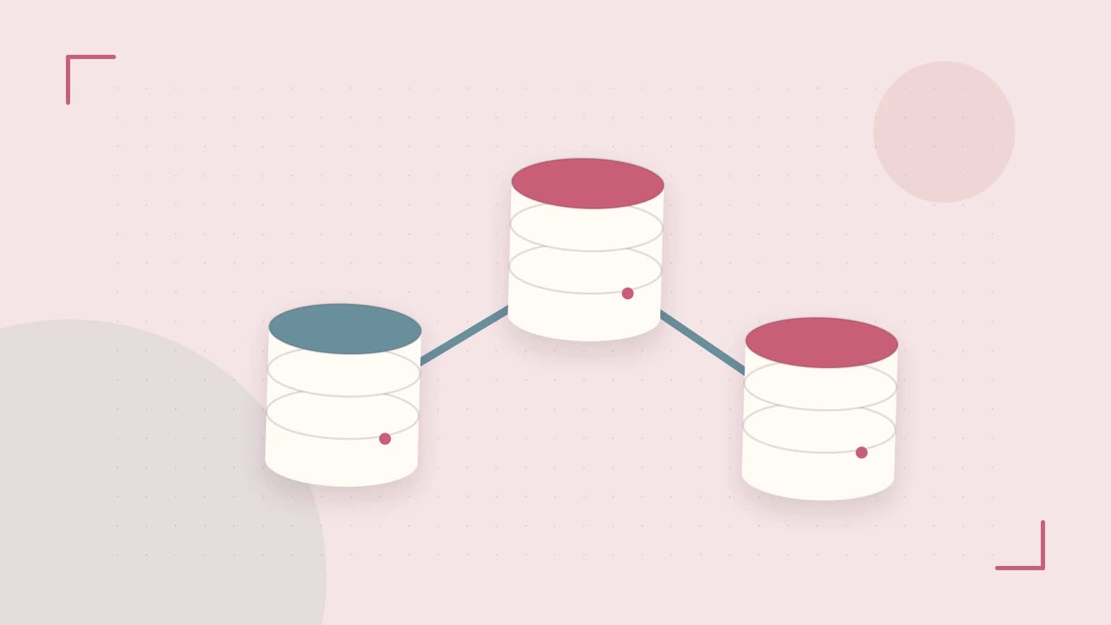Editorial illustration of structured records, database cylinders and relationships between tables