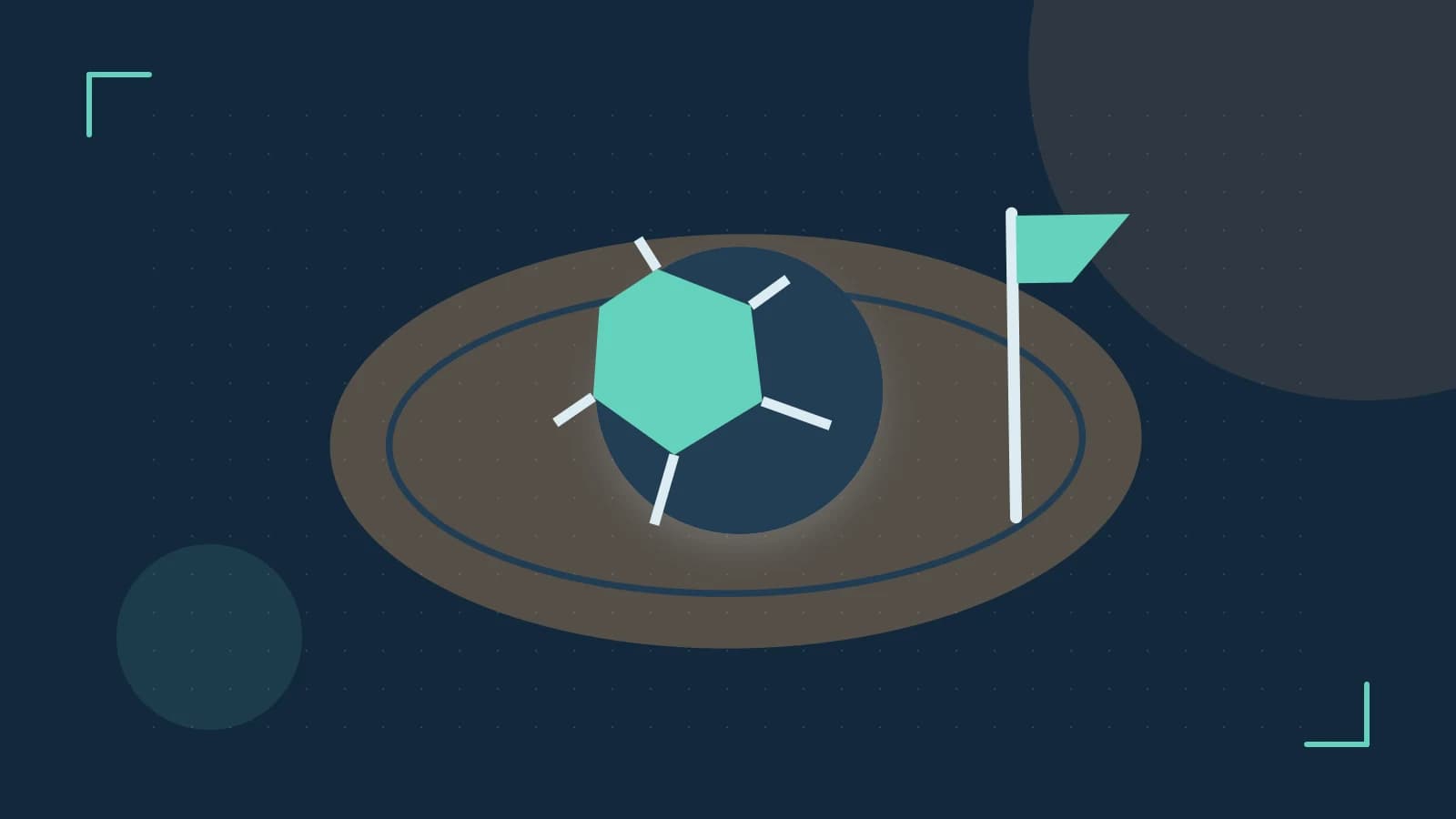 Editorial illustration of a stylized sports ball, stadium geometry and dynamic arcs