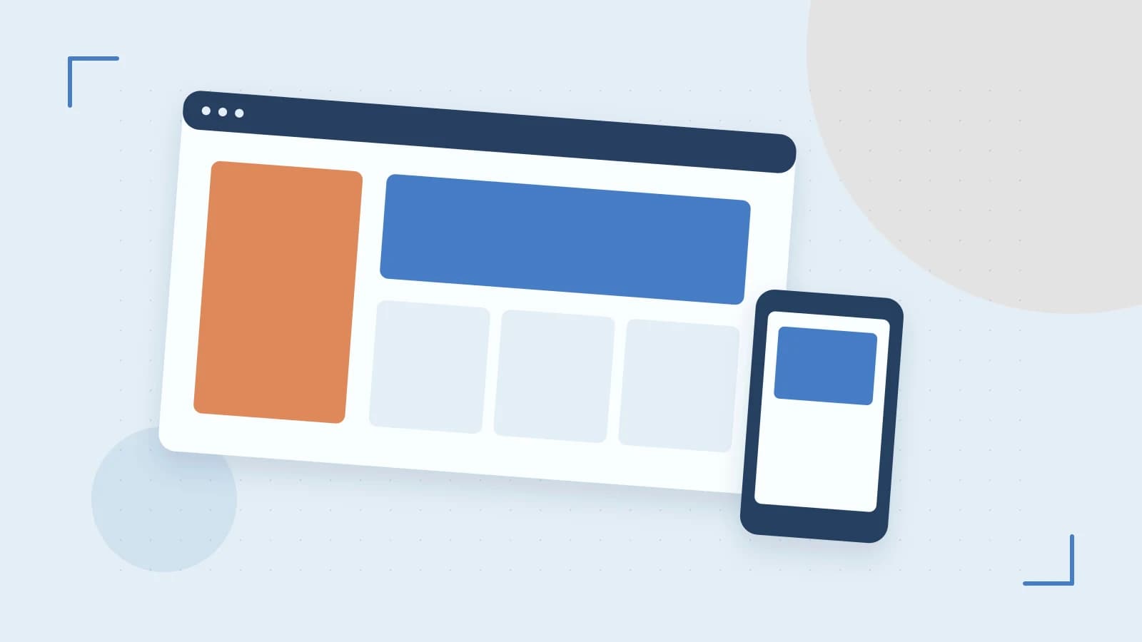 Editorial illustration of responsive browser layouts, overlapping design components and a color system