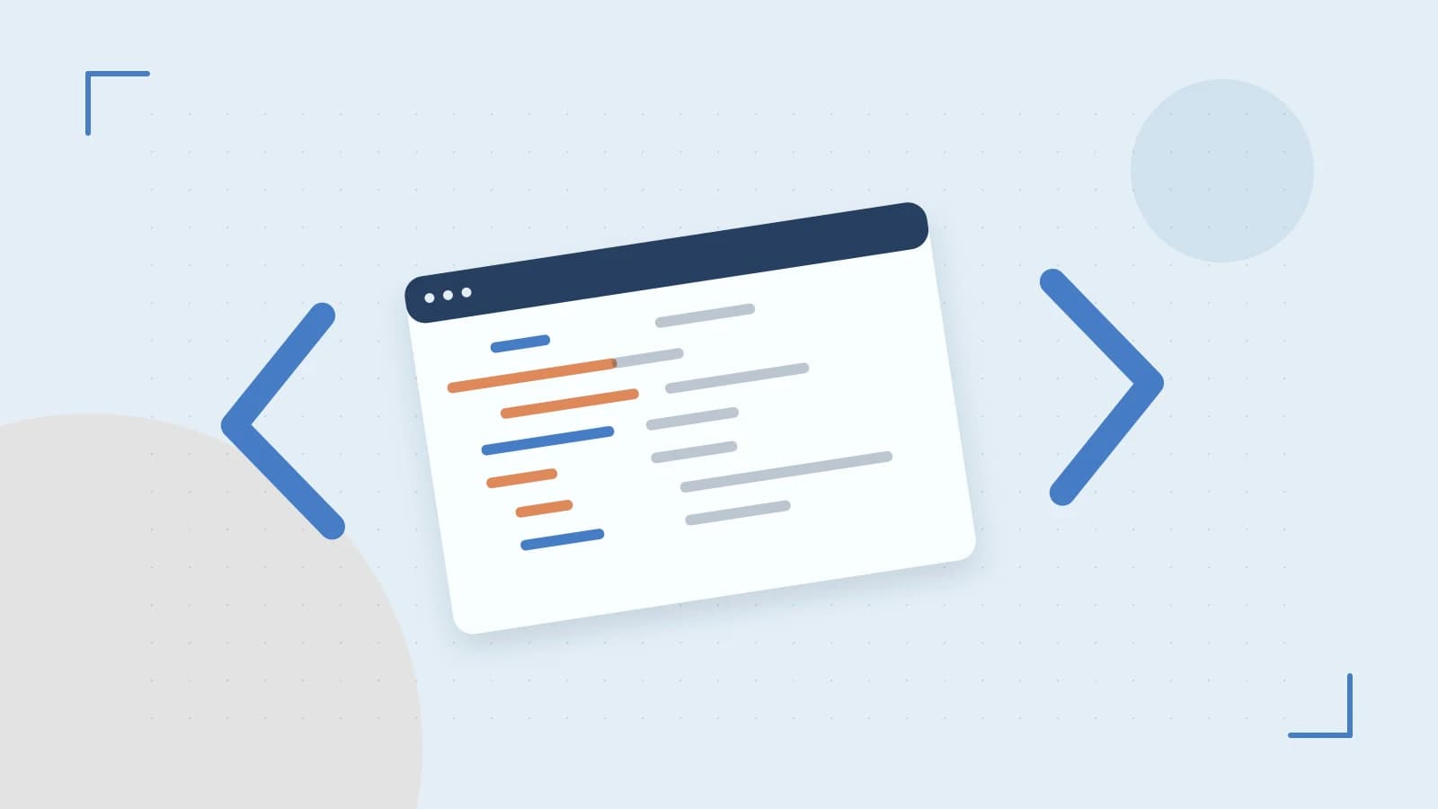 Editorial illustration of an abstract code editor, syntax blocks and oversized programming brackets