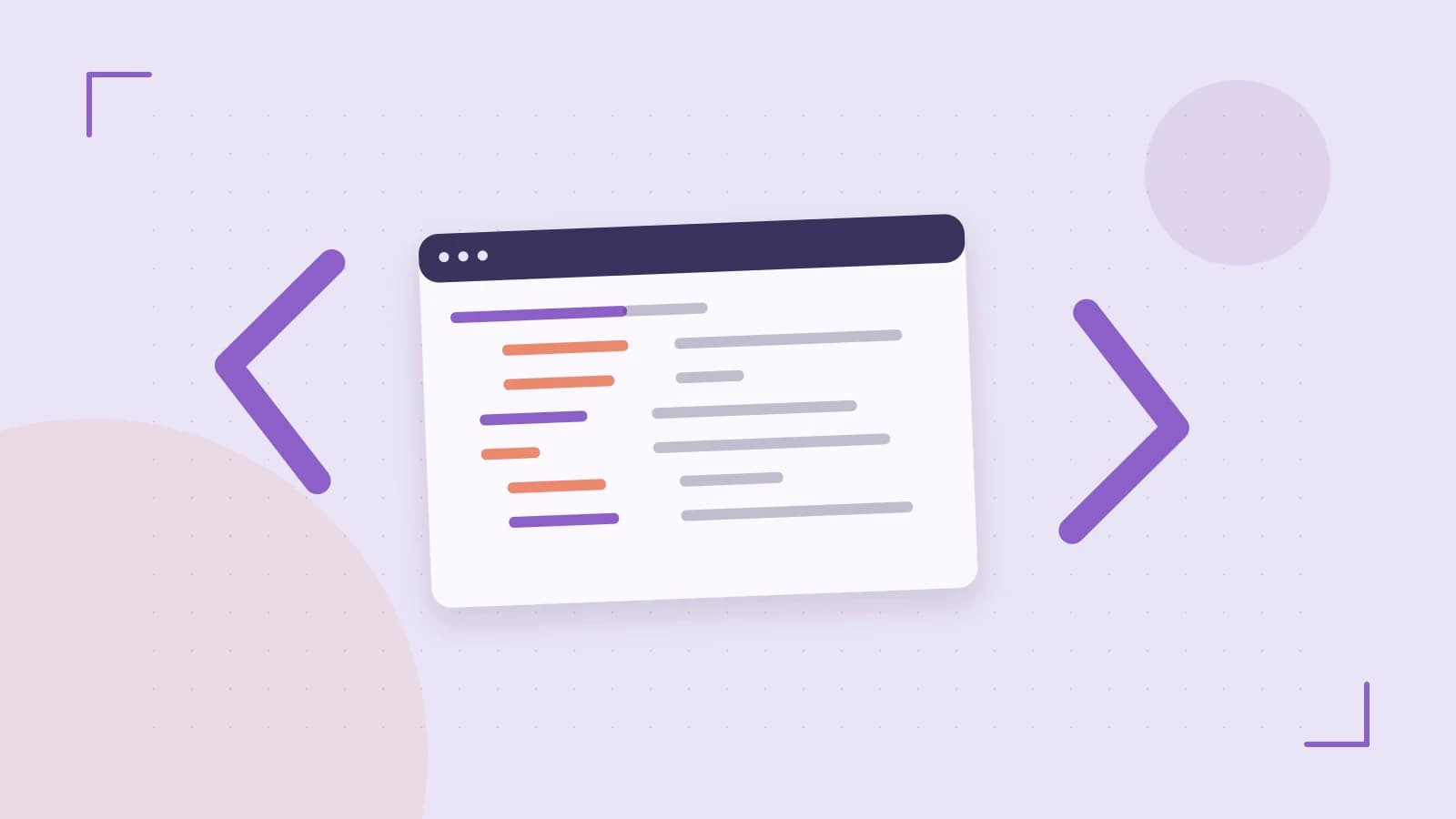 Editorial illustration of an abstract code editor, syntax blocks and oversized programming brackets