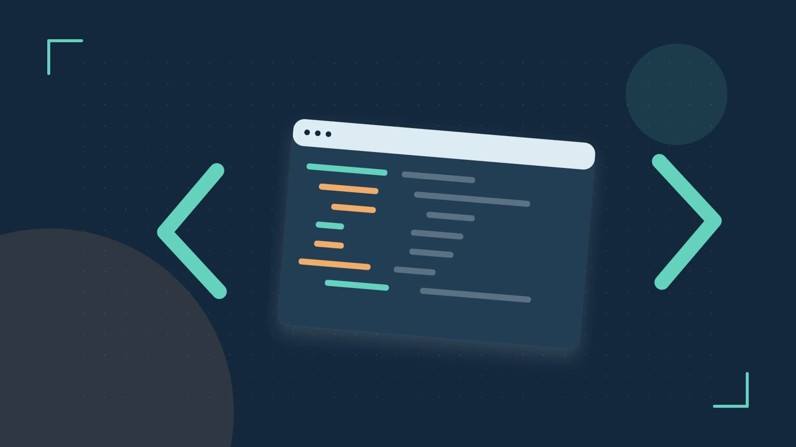 Editorial illustration of an abstract code editor, syntax blocks and oversized programming brackets