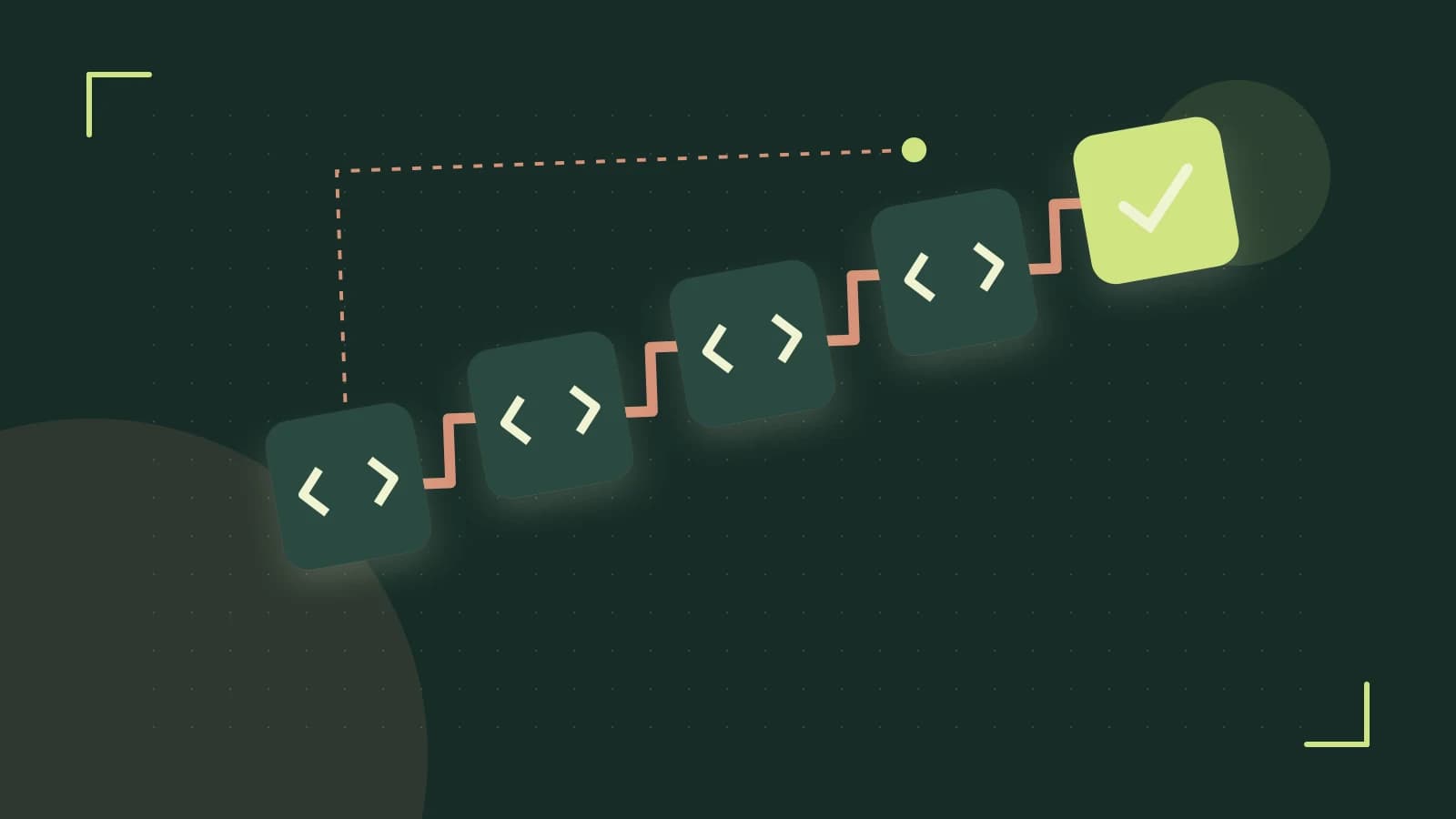 Editorial illustration of a branching build pipeline, staged transformations and a completed check