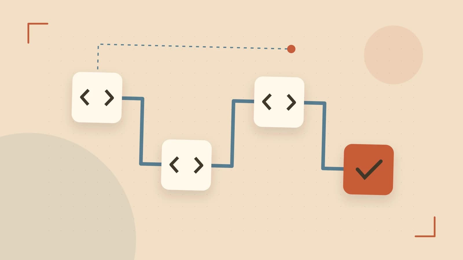 Editorial illustration of a branching build pipeline, staged transformations and a completed check