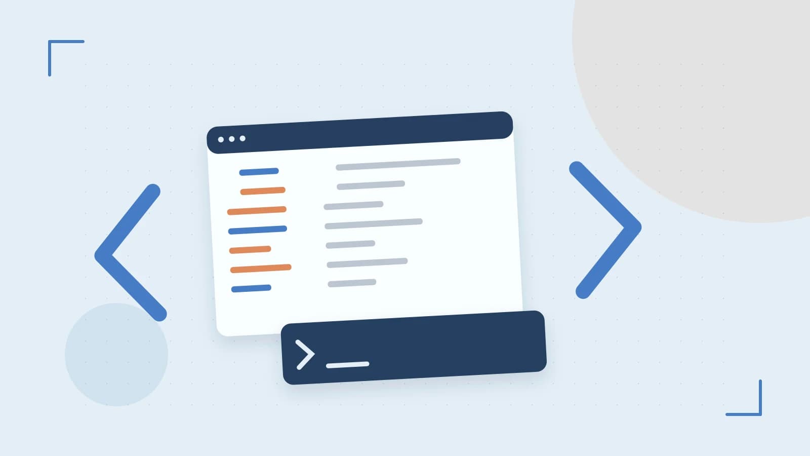 Editorial illustration of an abstract code editor, syntax blocks and oversized programming brackets